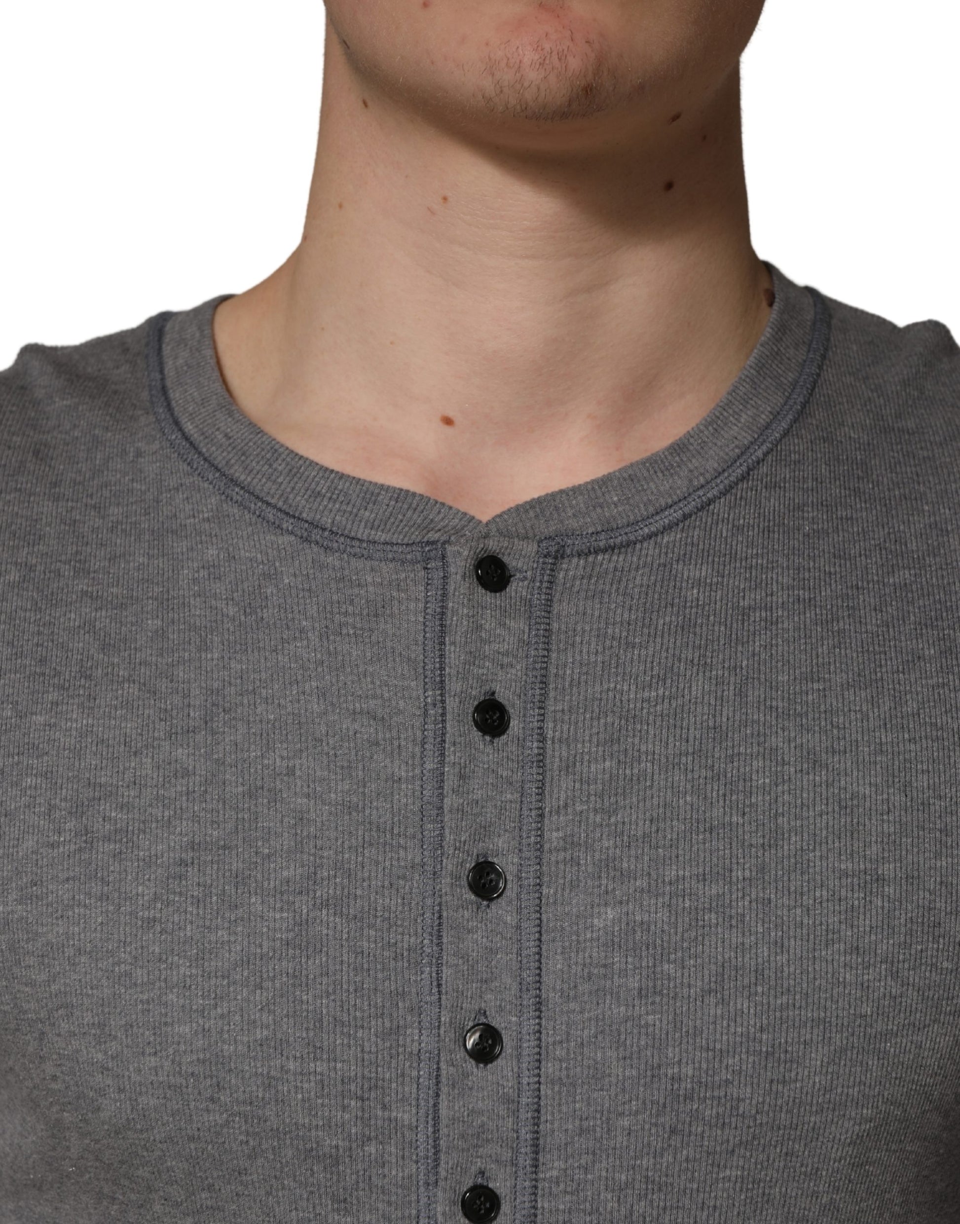 Gray Ribbed Cotton Long-Sleeve Henley  T-shirt