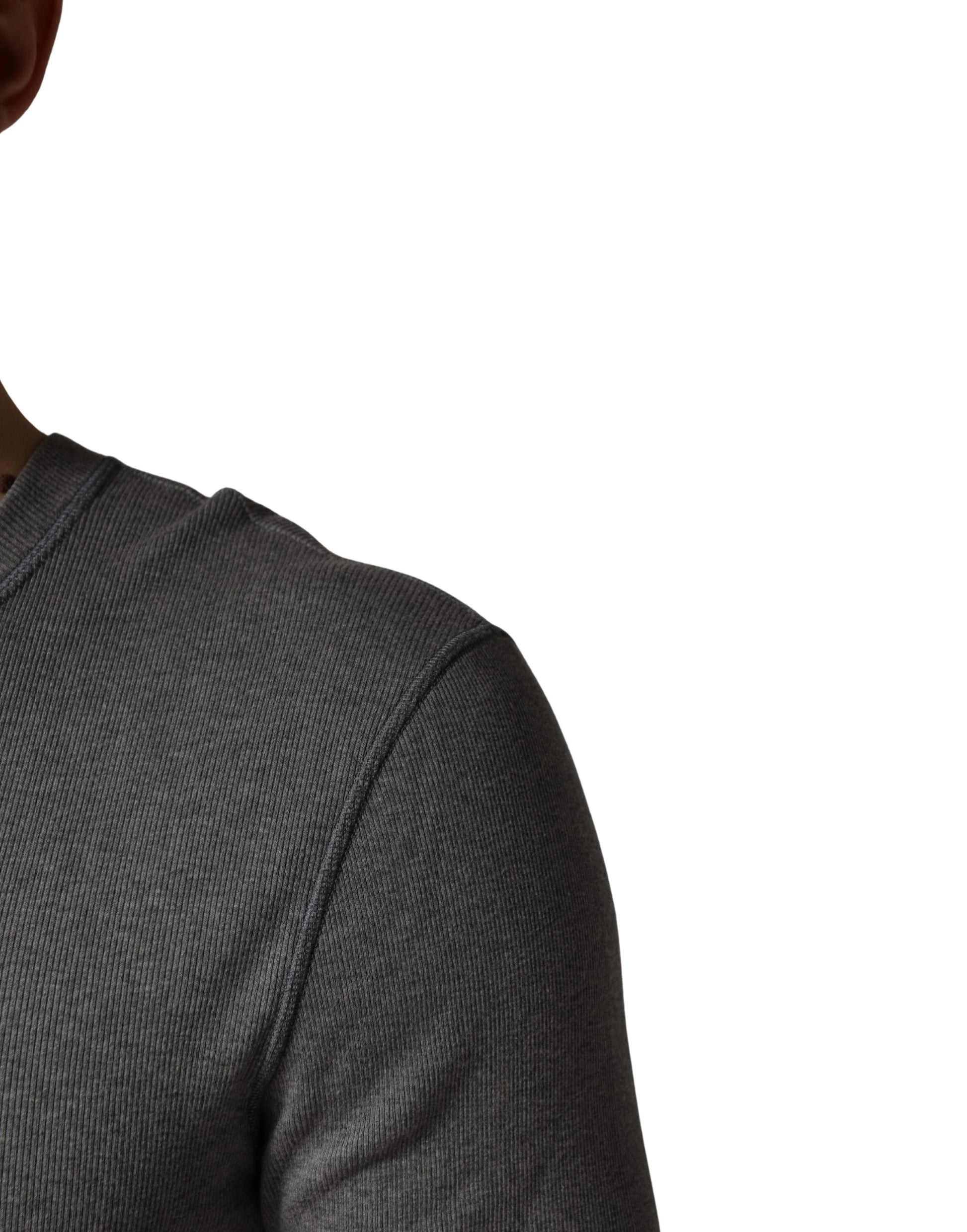 Gray Ribbed Cotton Long-Sleeve Henley  T-shirt