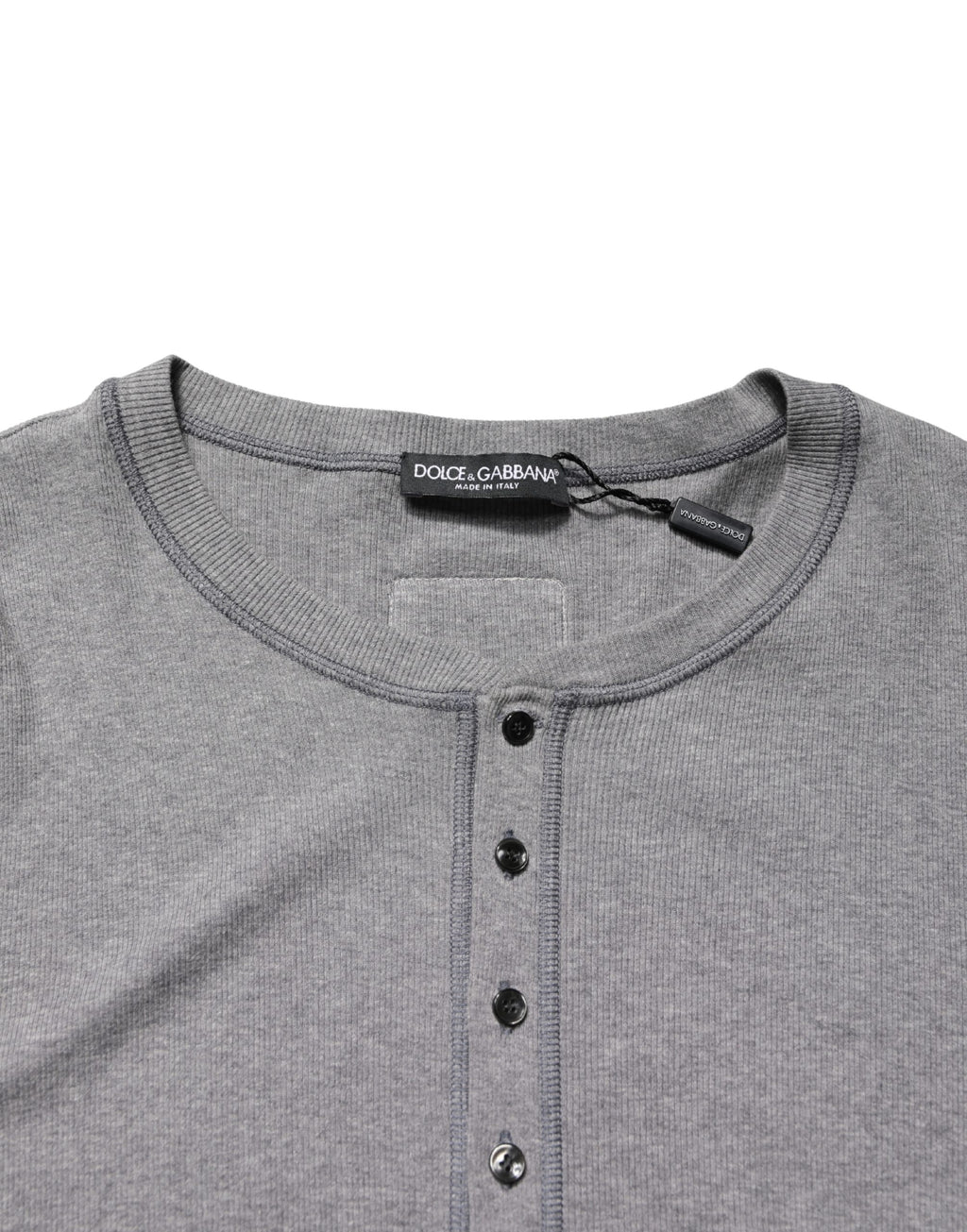 Gray Ribbed Cotton Long-Sleeve Henley  T-shirt