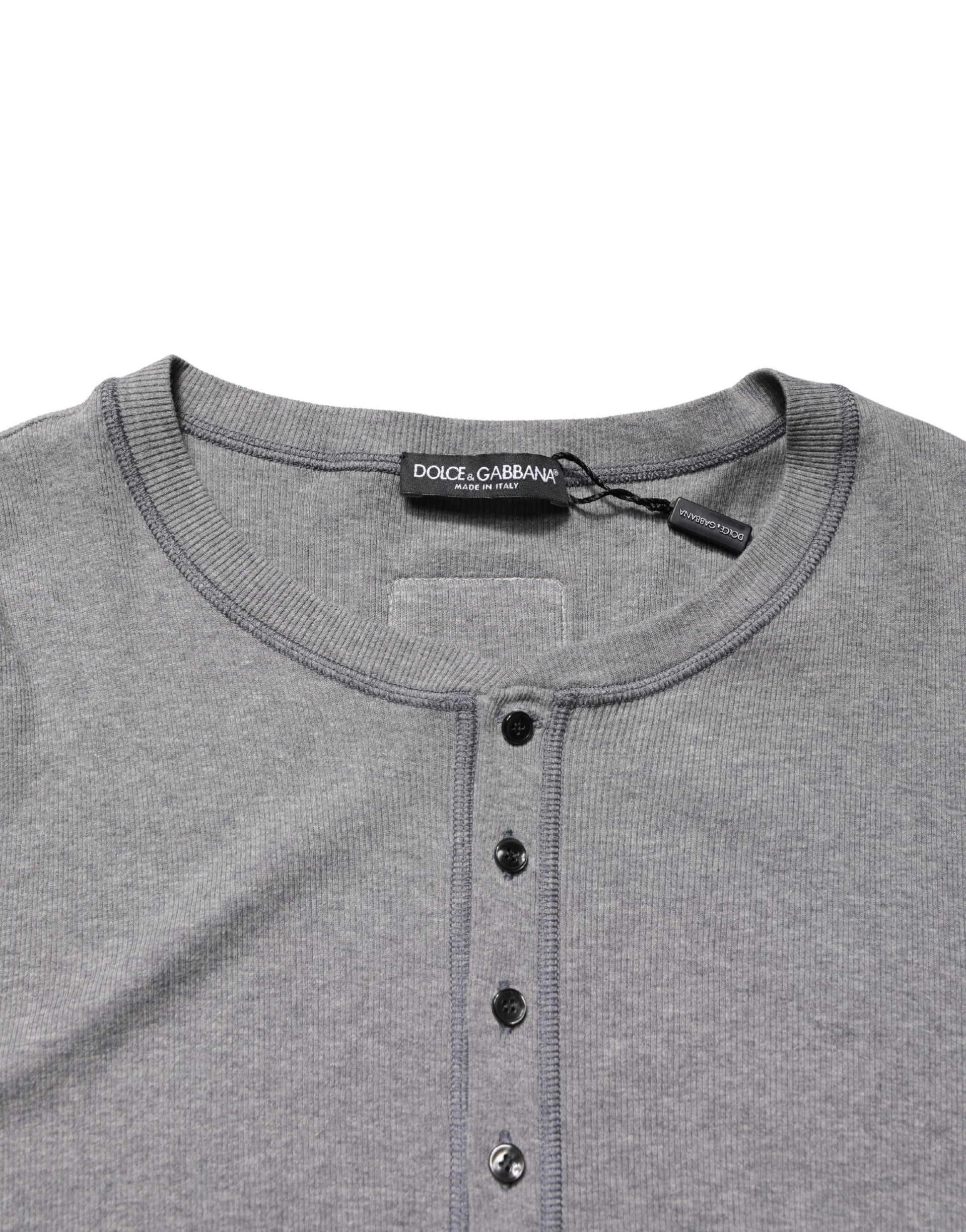 Gray Ribbed Cotton Long-Sleeve Henley  T-shirt