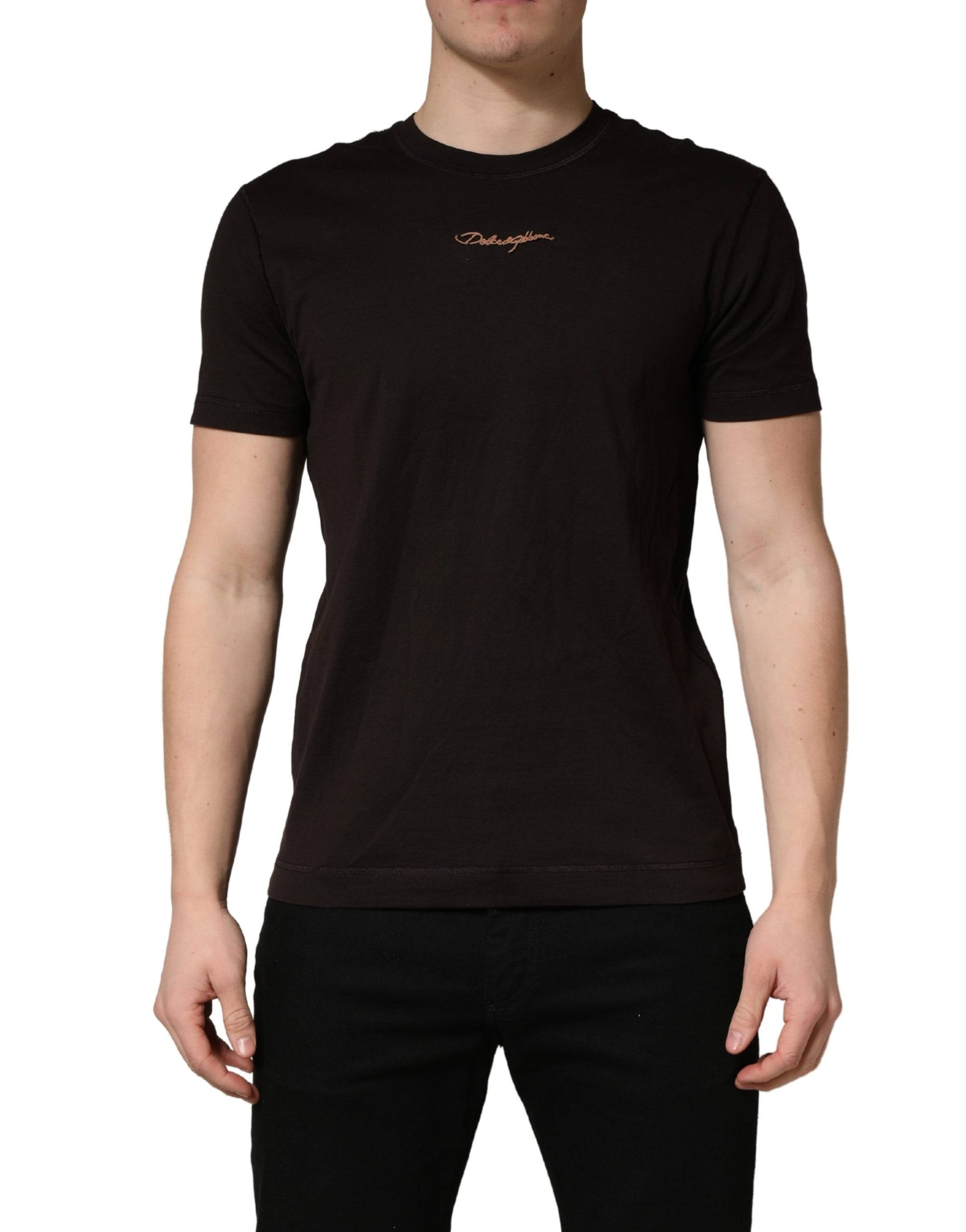 Brown Logo Embroidered Men Crew Neck T-shirt