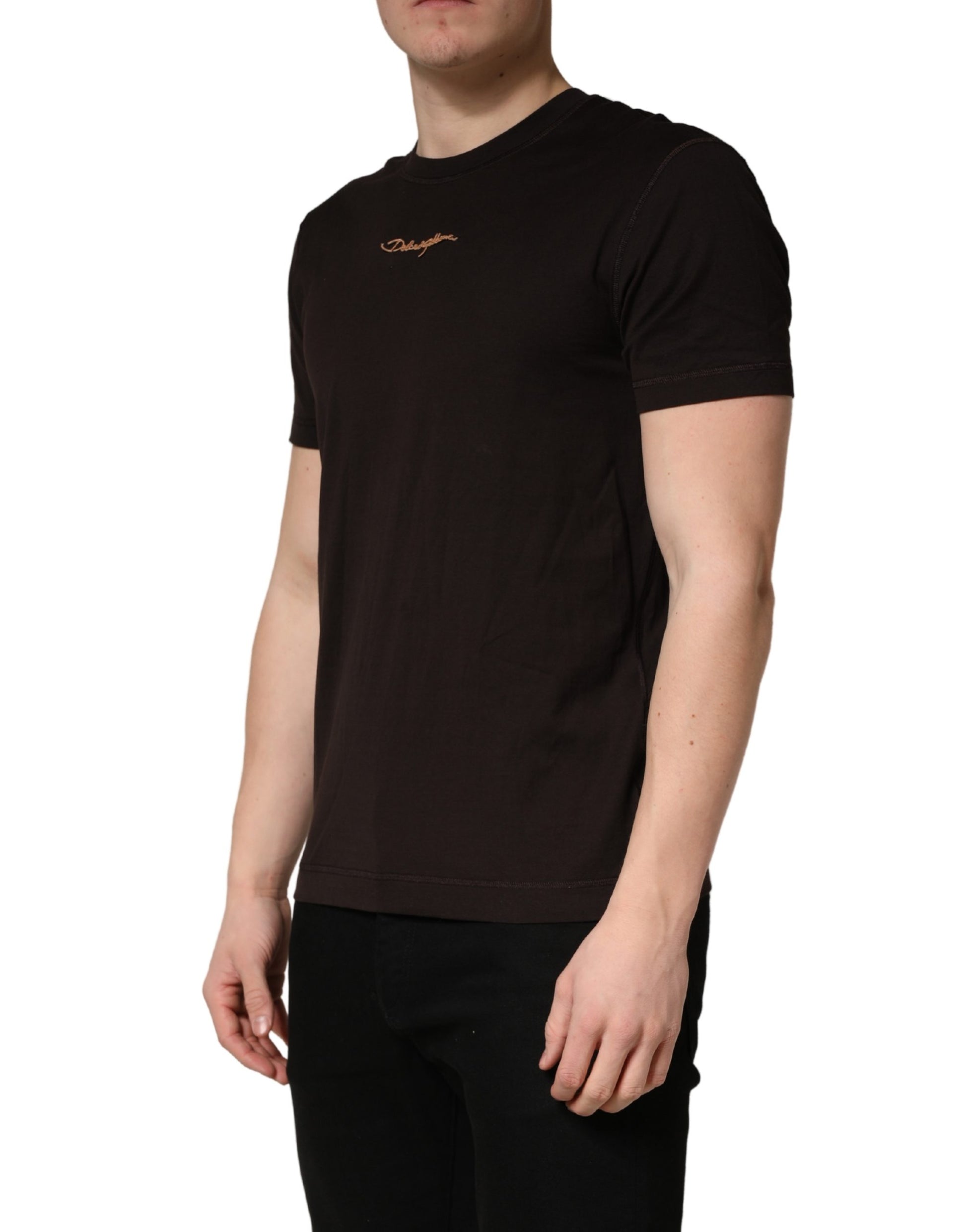Brown Logo Embroidered Men Crew Neck T-shirt
