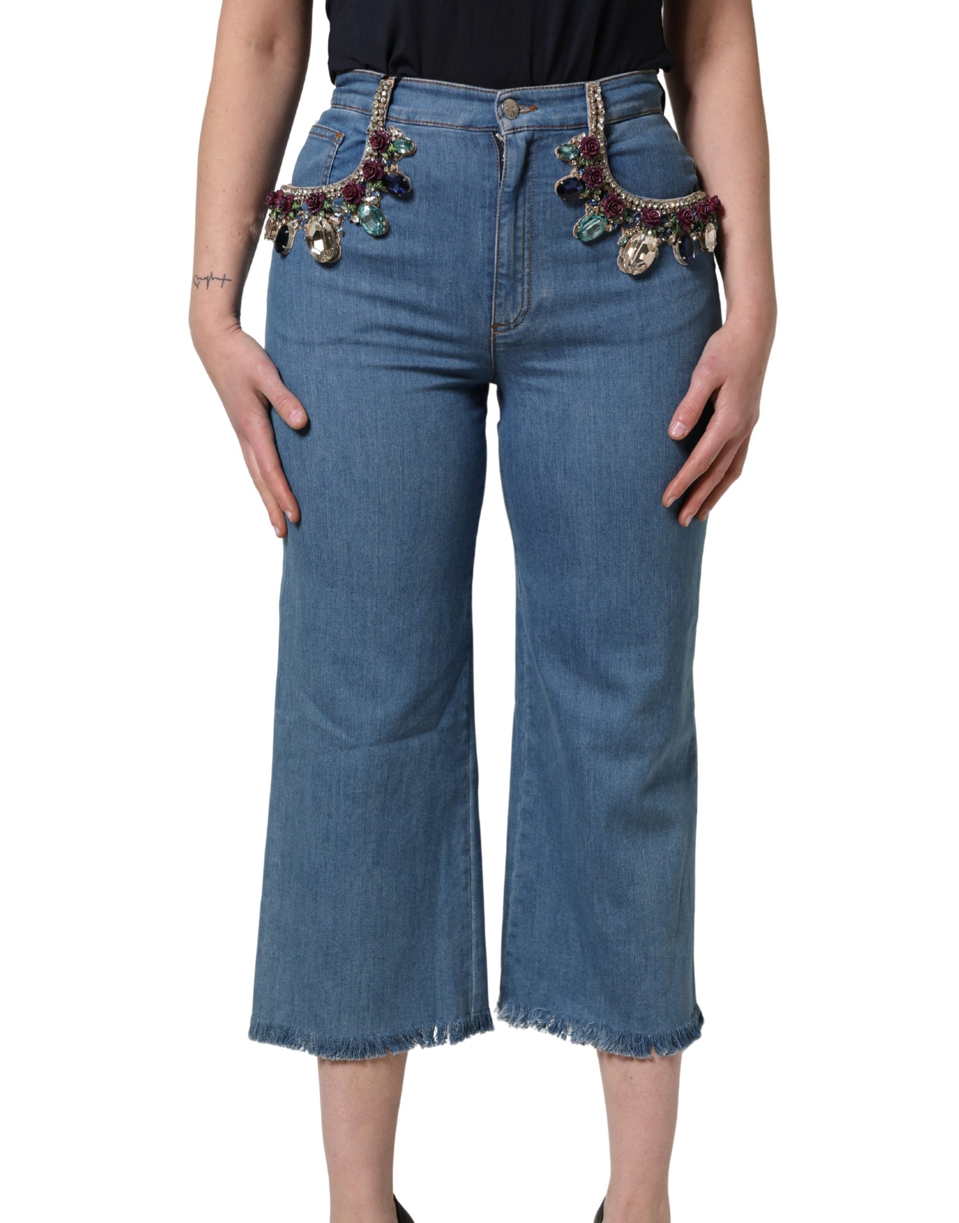 Blue Embellished Denim Wide-Leg Crop Jeans