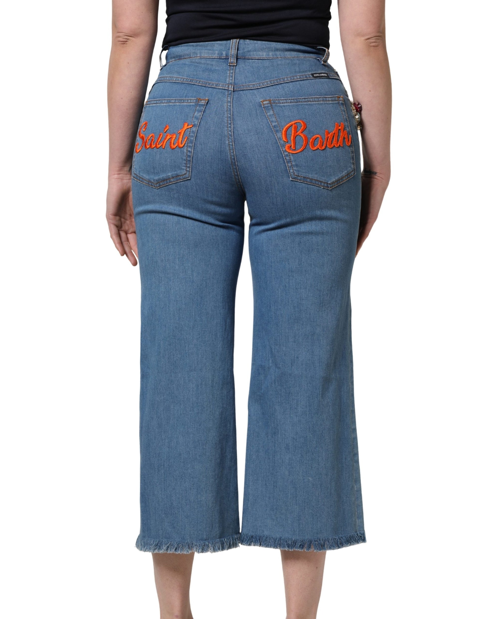 Blue Embellished Denim Wide-Leg Crop Jeans