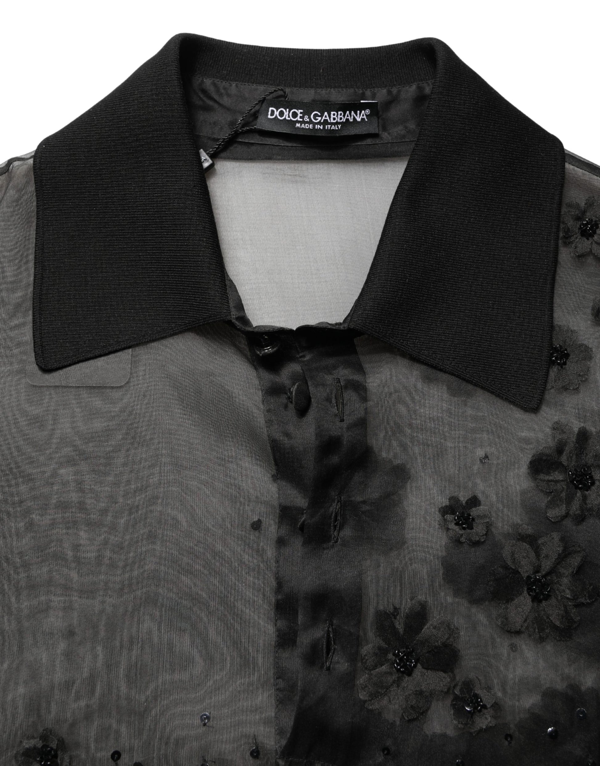 Black Floral Applique Sheer Short Sleeve Shirt