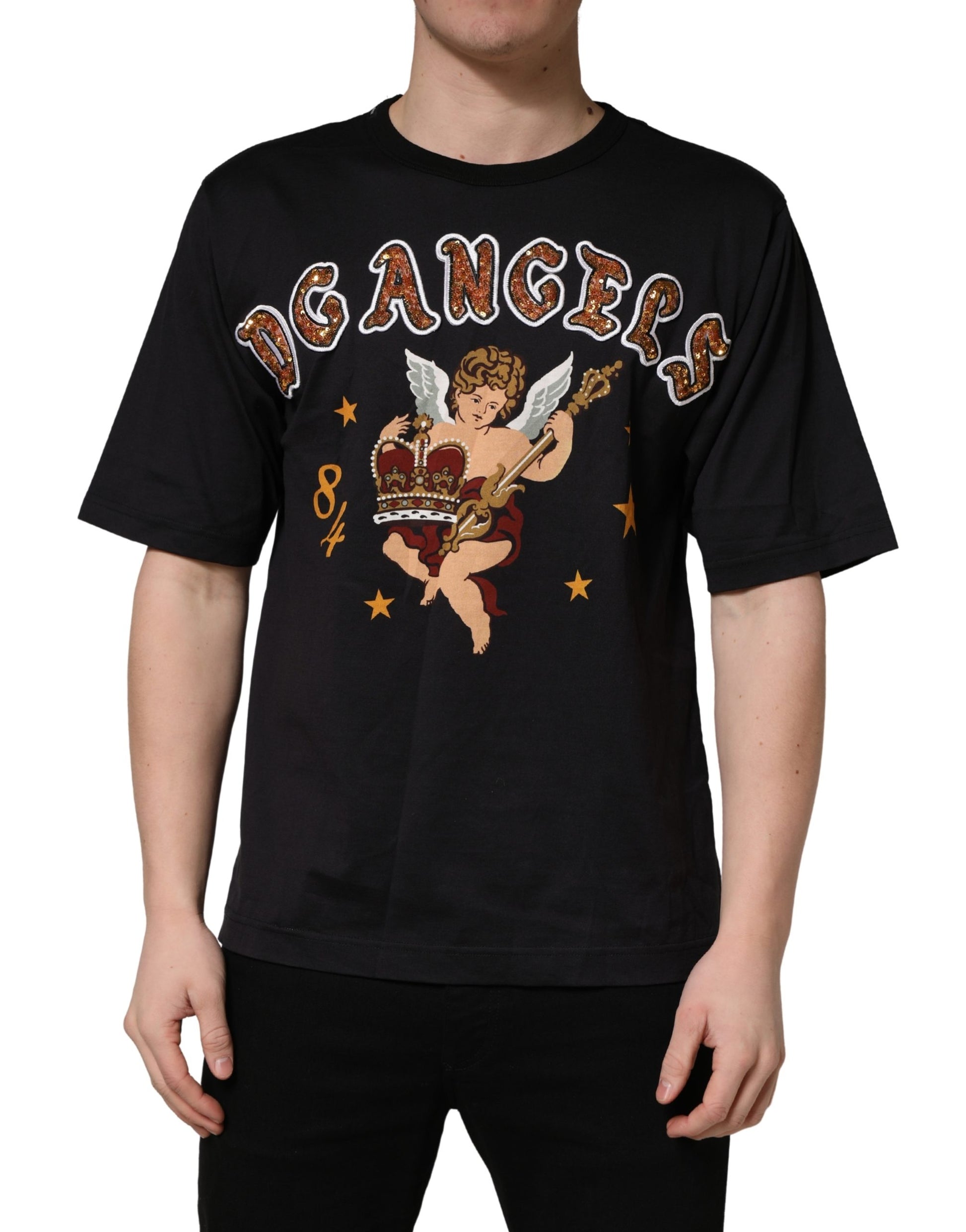 Black Angel Print Cotton Crew Neck T-shirt
