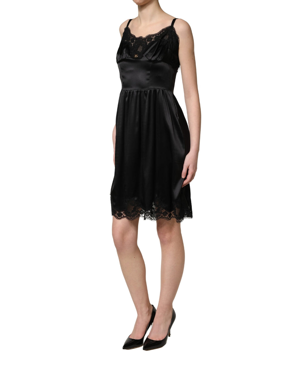 Black Silk Satin Lace Sleeveless Mini Dress