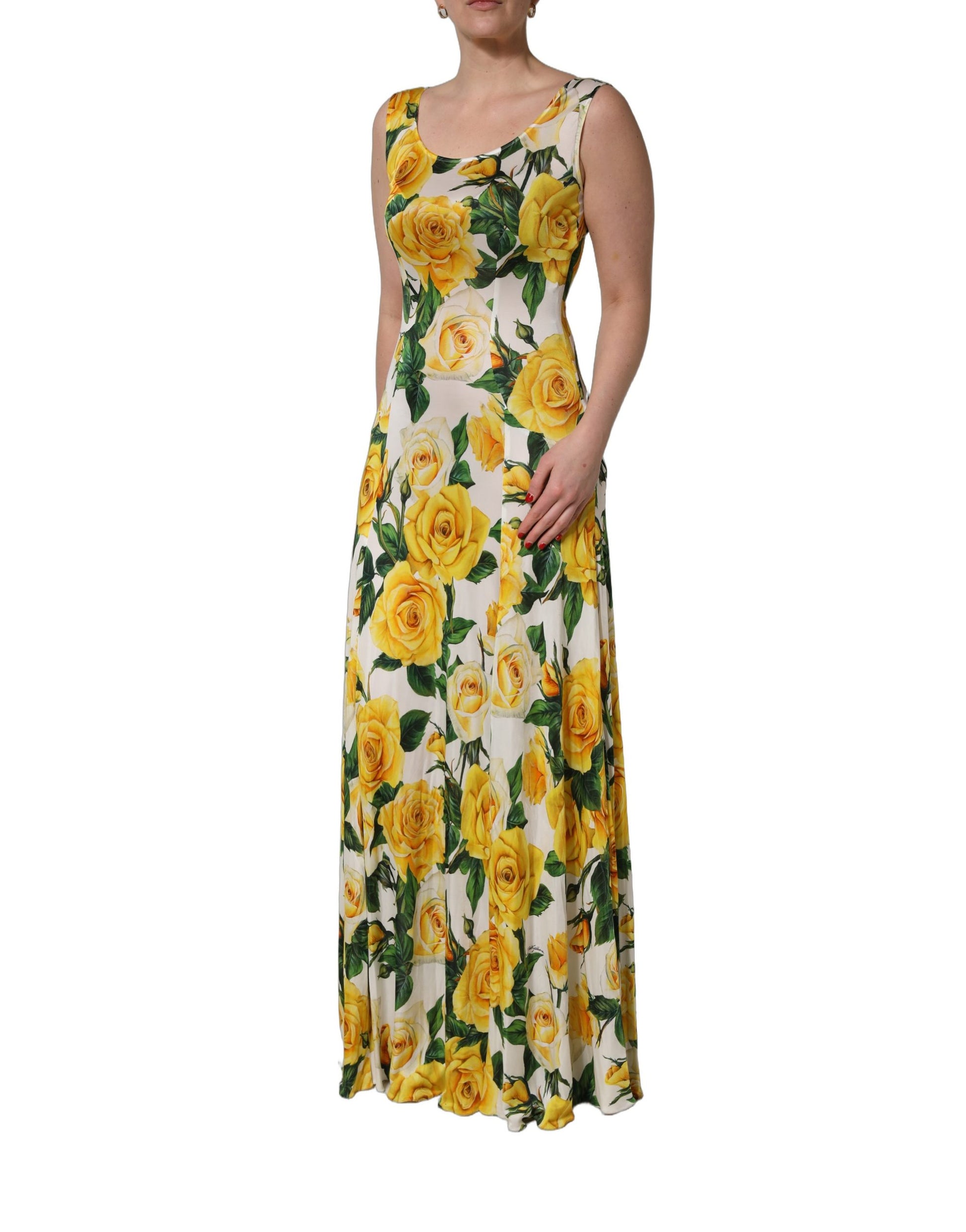 Yellow Rose Print Organzine Sleeveless Maxi Dress