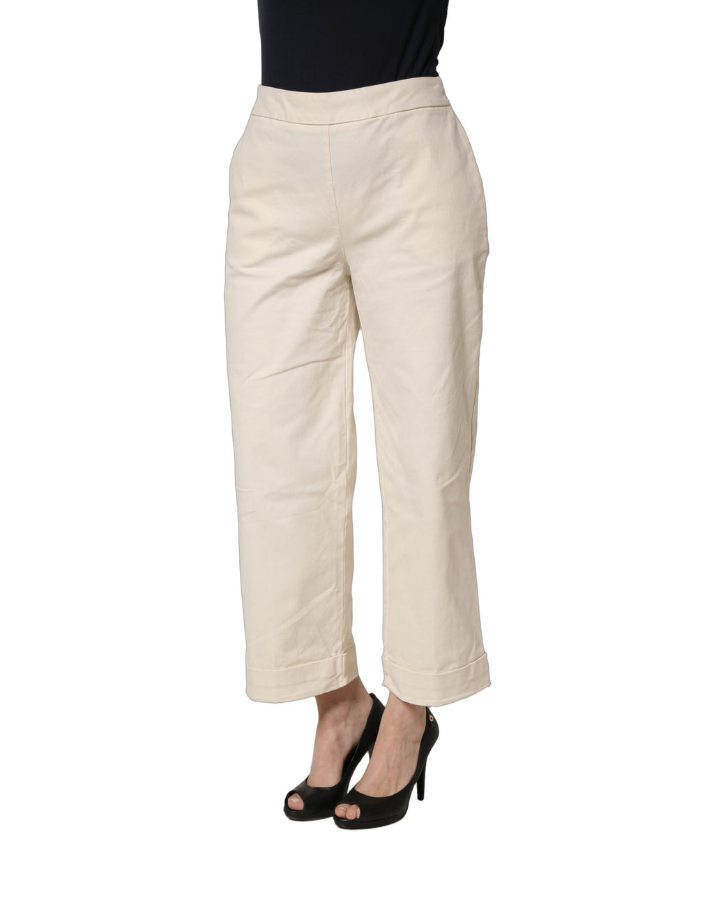 Beige High Waist Straight Capri Cropped Trouser Pants