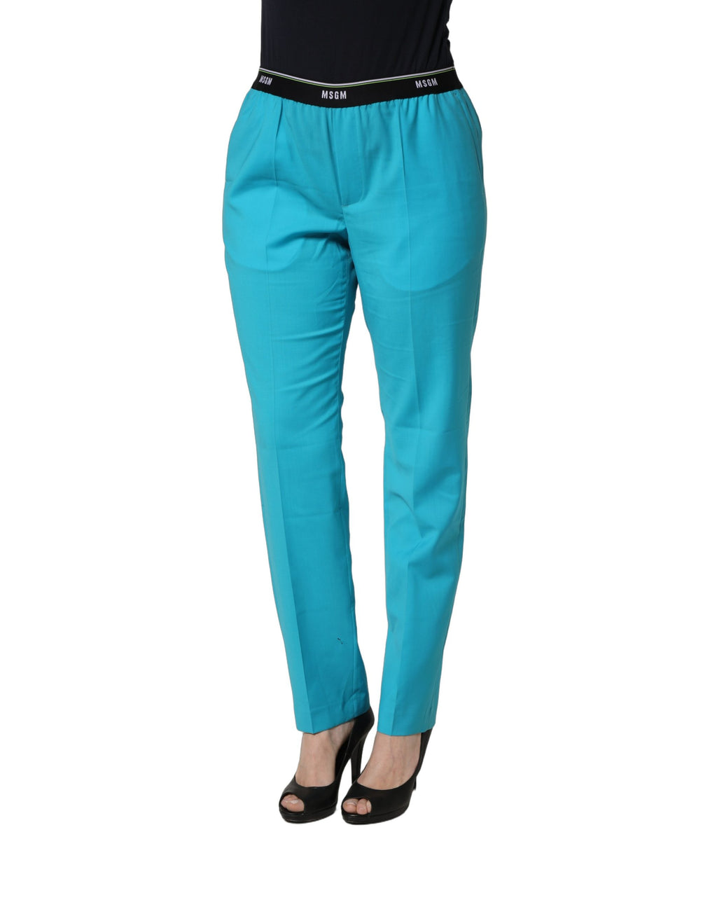 Blue Wool Mid Waist Tapered Women Trouser Pants
