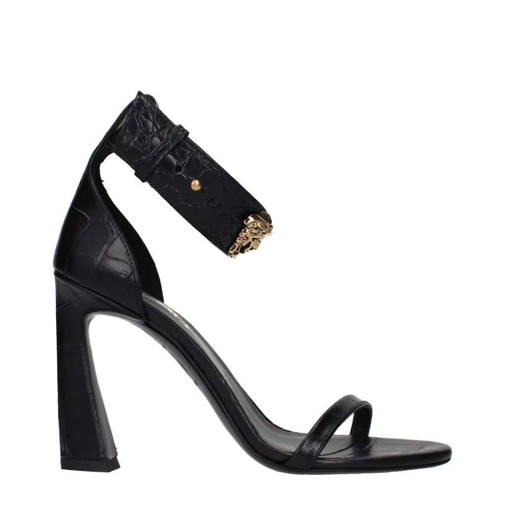 Black Leather Stiletto Heel Sandals