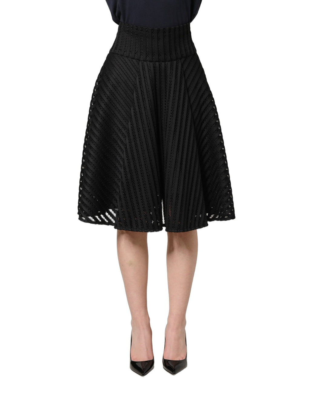 Cotton Striped Flared Silhouette Aline Midi Black