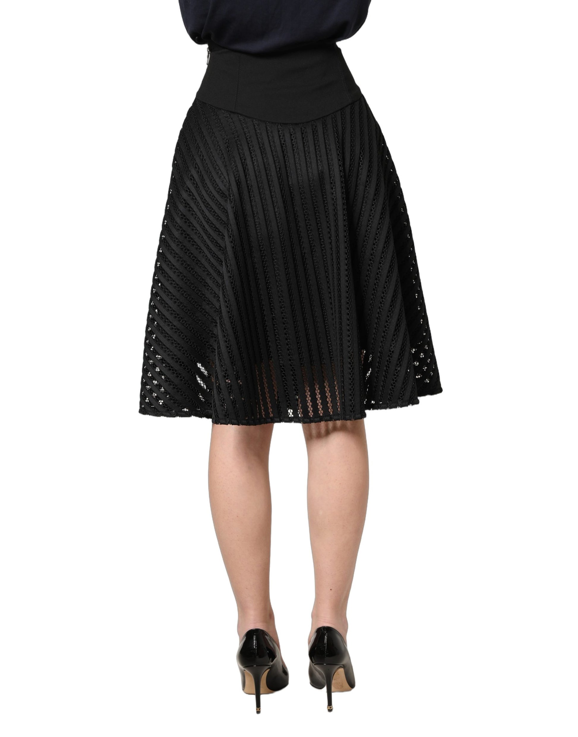 Cotton Striped Flared Silhouette Aline Midi Black