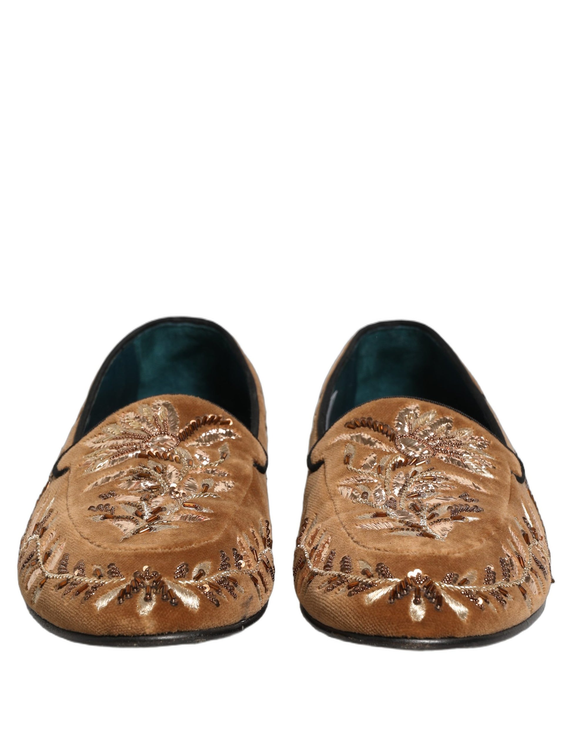 Brown Velvet Floral Embroidery Loafers Shoes