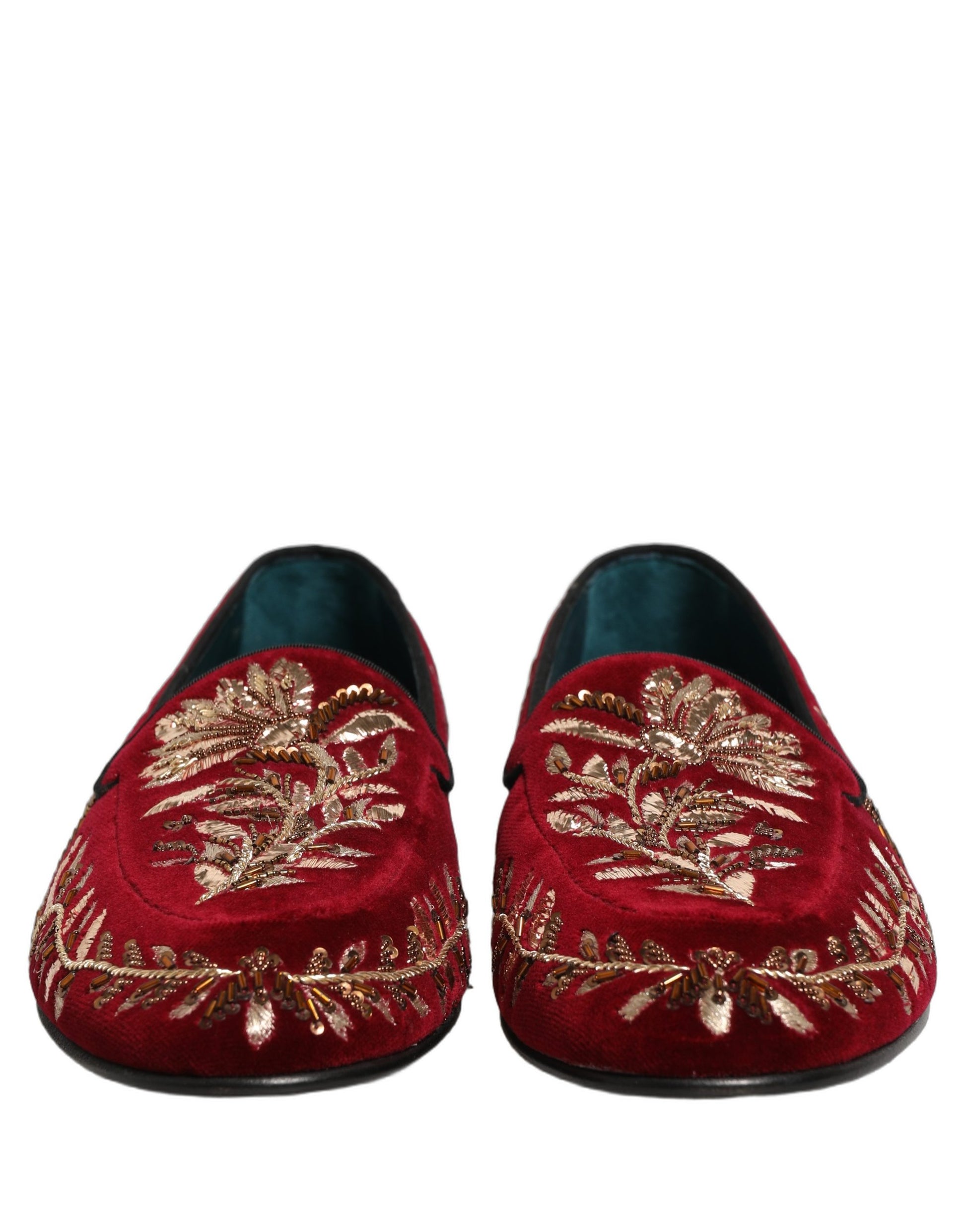 Red Velvet Floral Embroidery Loafers Shoes