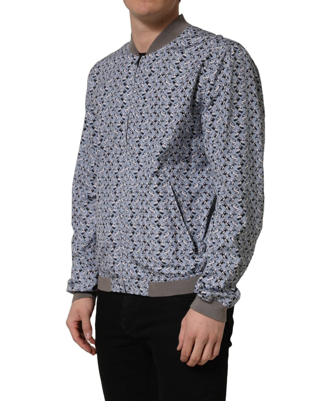Light Blue Cotton Car Print Bomber Jacket