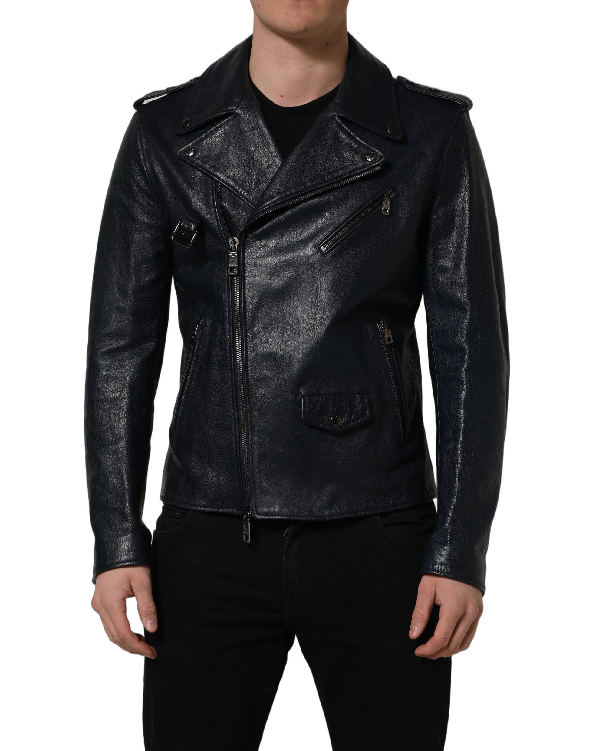 Black Leather Men Biker Coat Goatskin Jacket