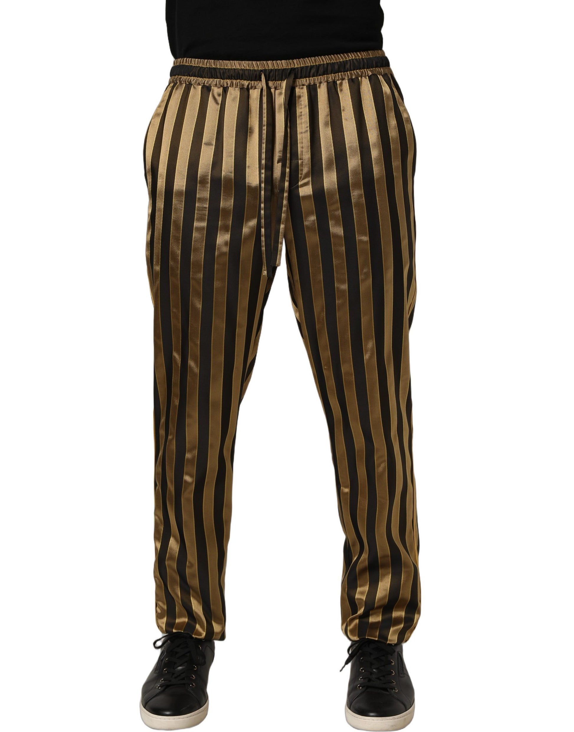 Gold Black Stripe Satin Tapered Leg Men Pants