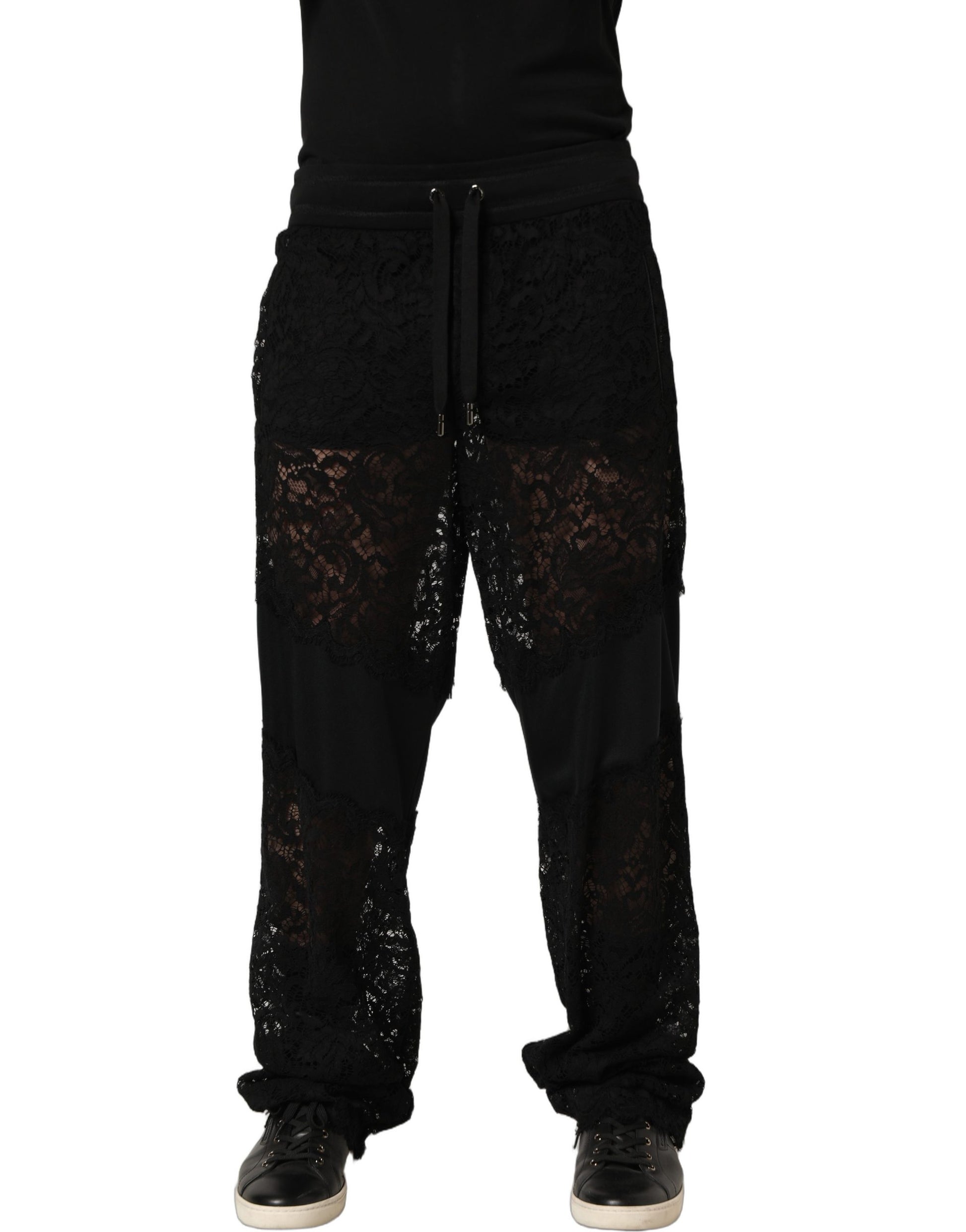 Black Lace Mid Waist Jogger Men Trouser Pants