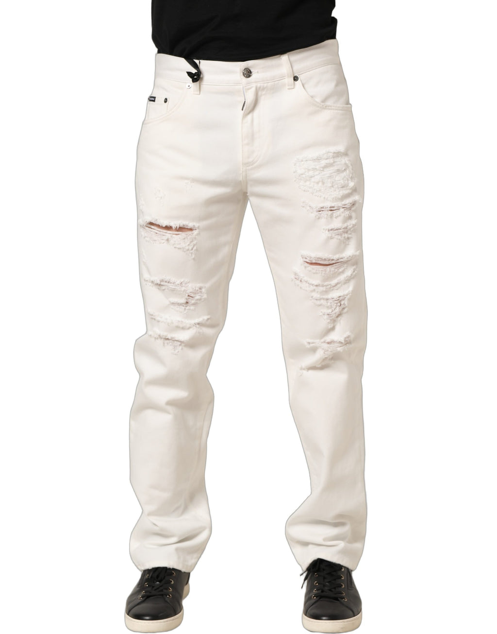 White Cotton Distressed Straight Denim Jeans