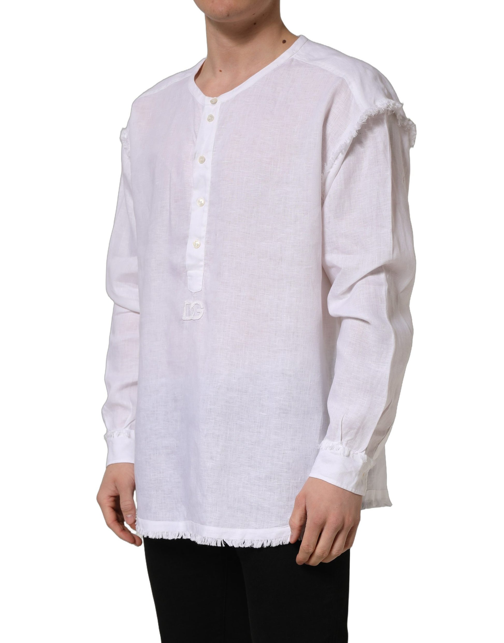 White Linen Logo Long Sleeves Casual Shirt
