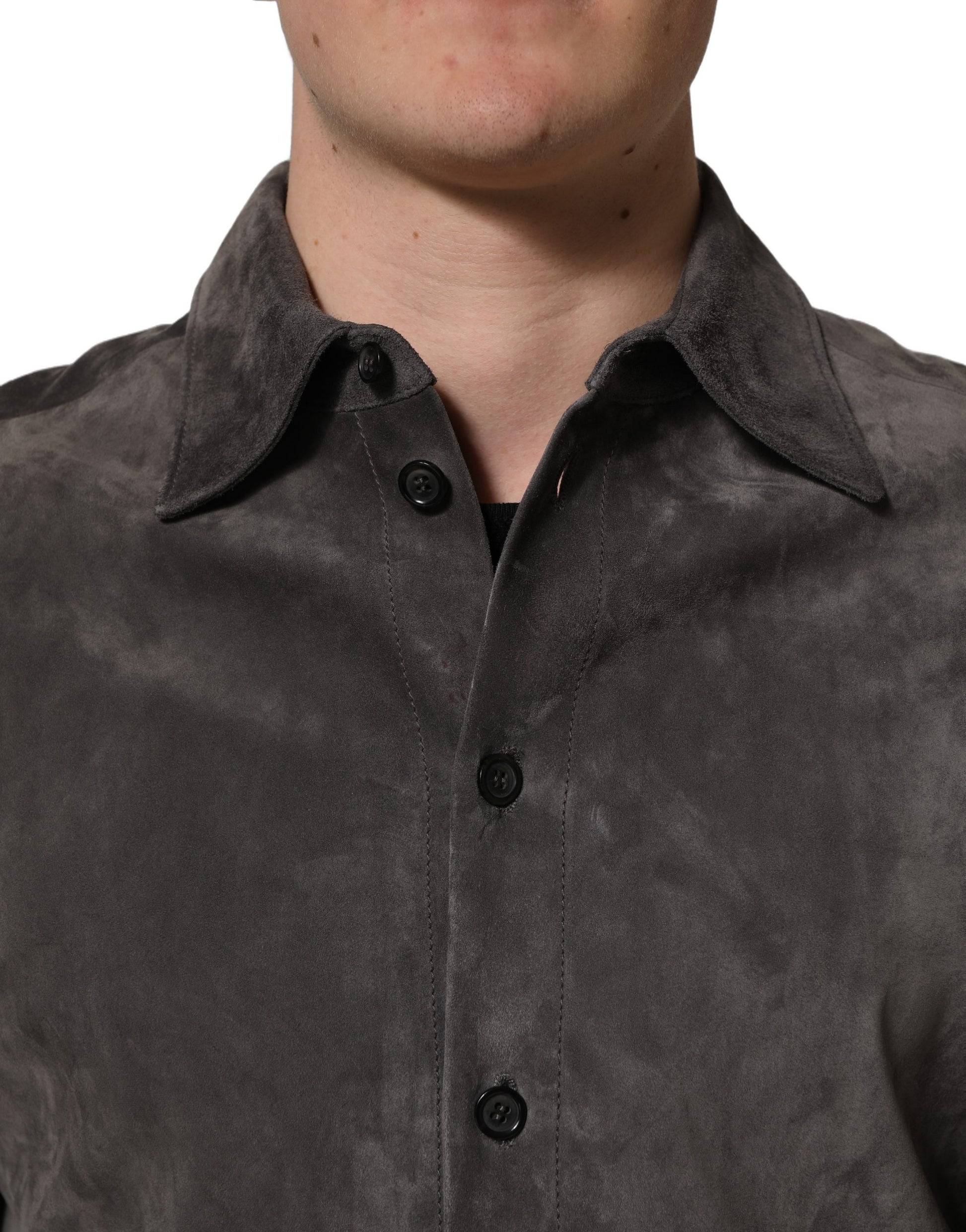 Gray Suede Long Sleeves Button Down Shirt