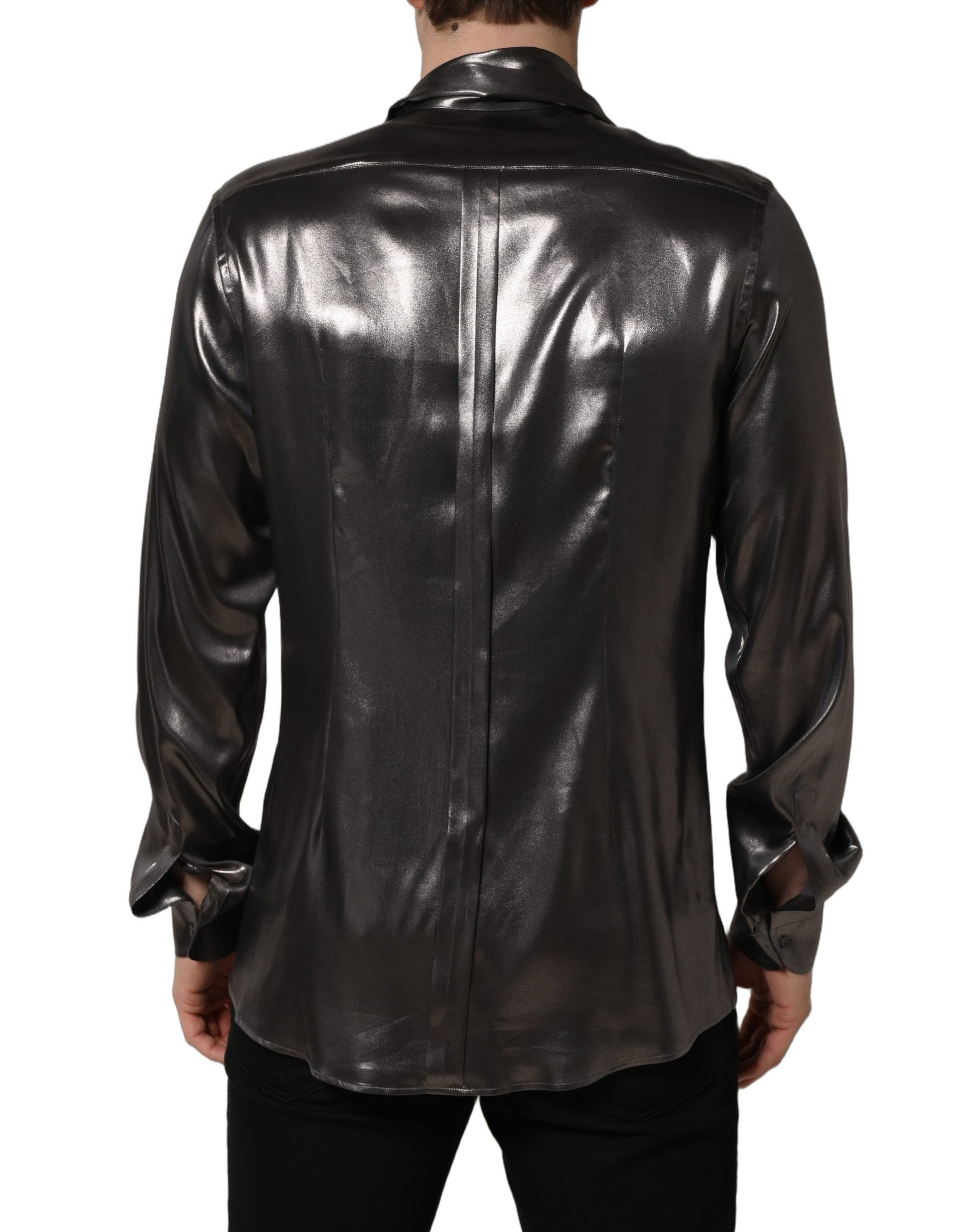 Silver Satin Silk Long Sleeves Men Dress Shirt