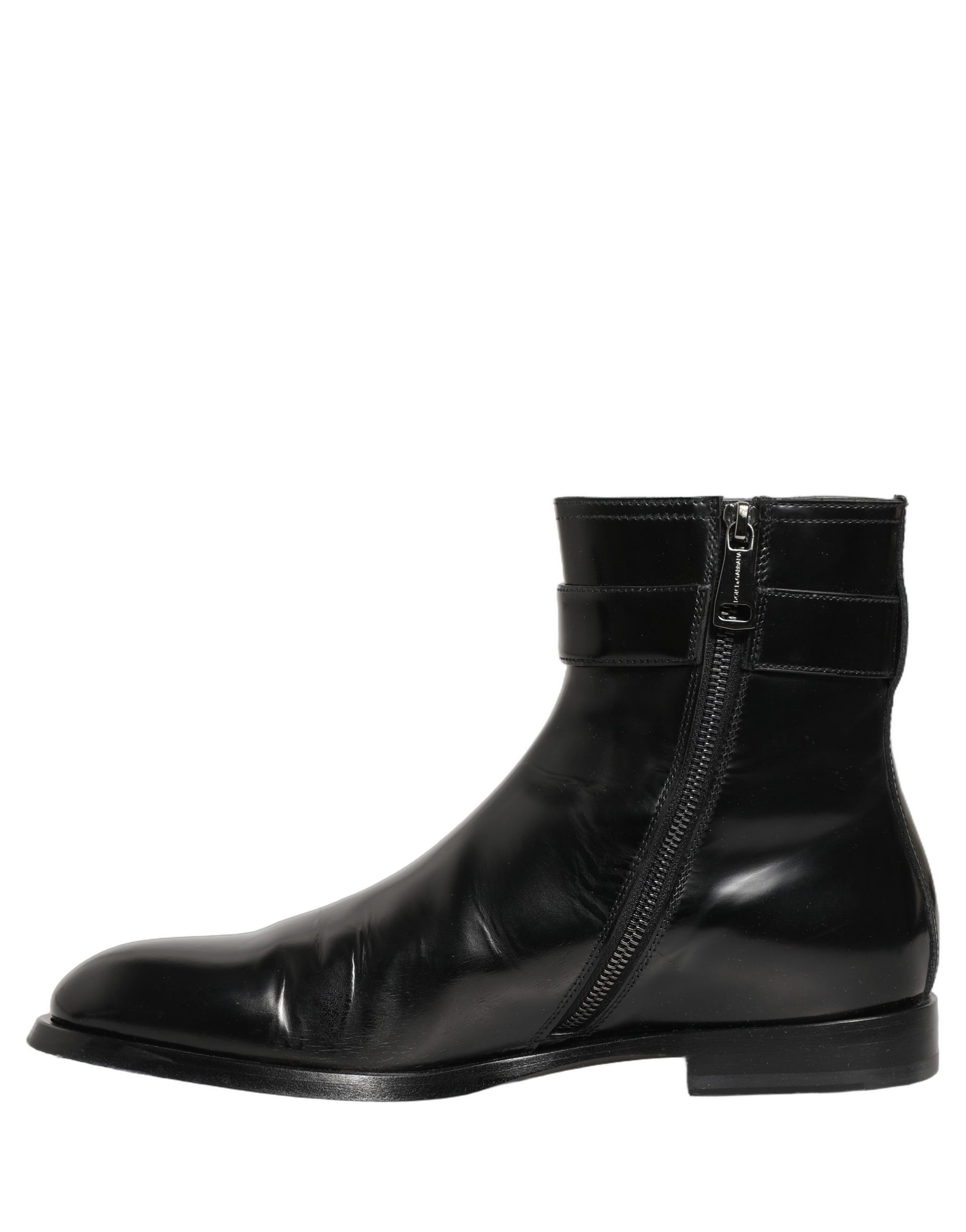 Black Leather Logo Buckle Mid Calf Boots Shoes