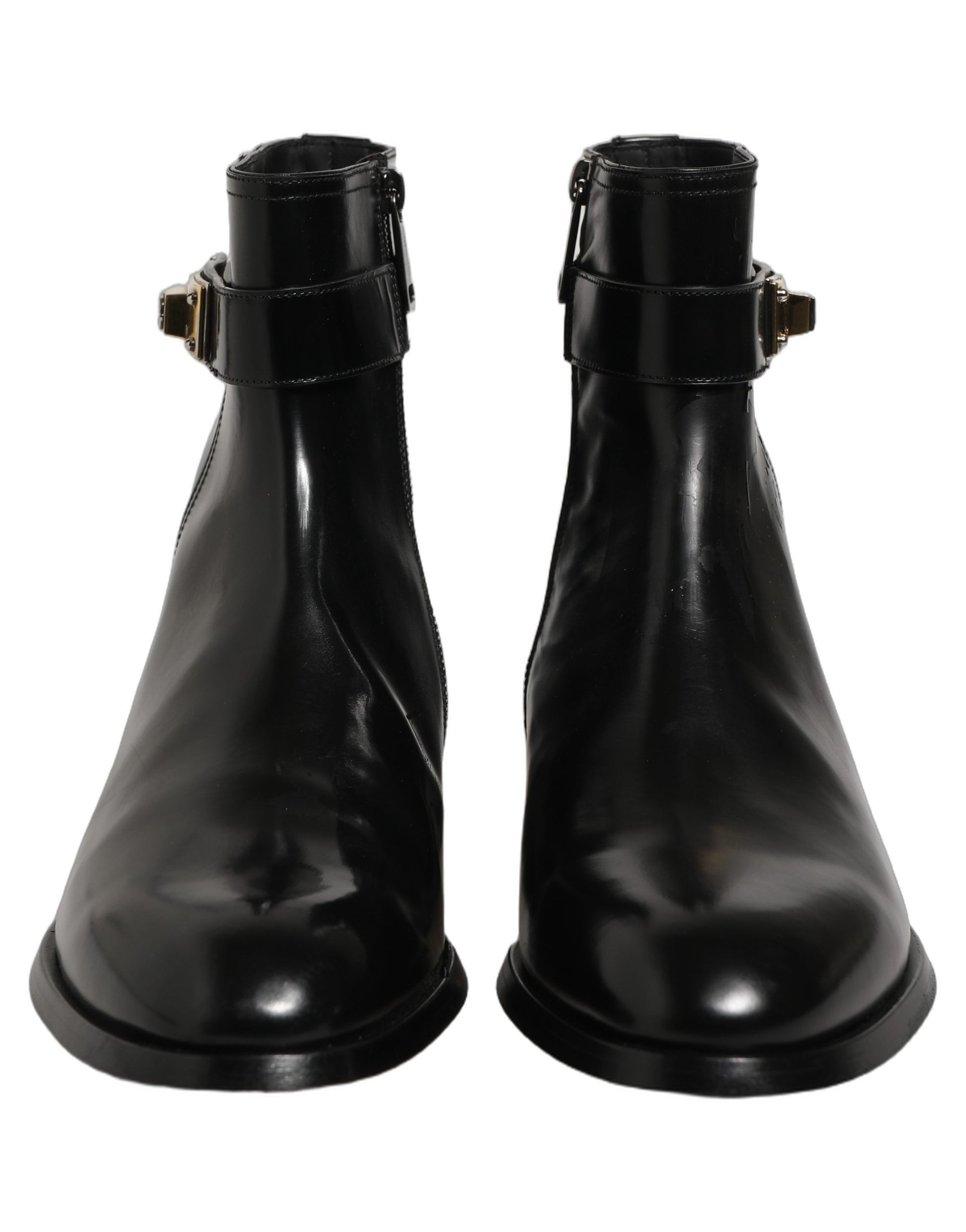 Black Leather Logo Buckle Mid Calf Boots Shoes