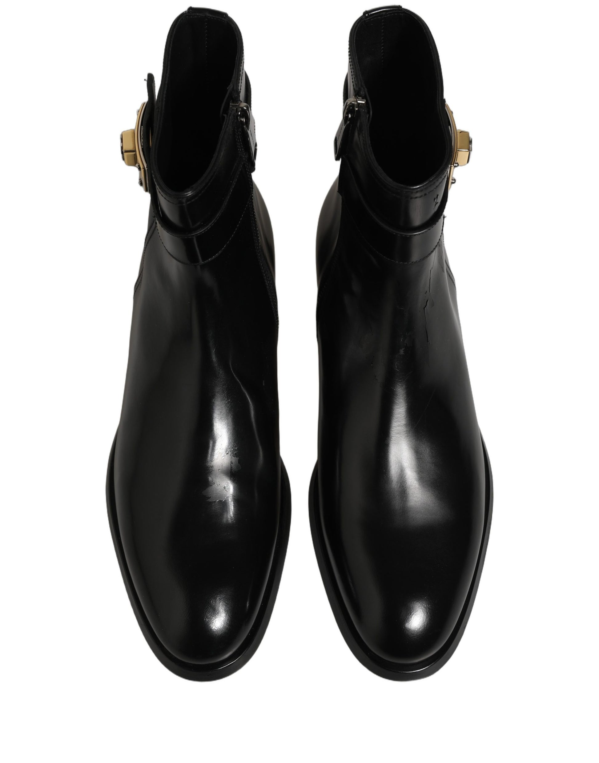 Black Leather Logo Buckle Mid Calf Boots Shoes