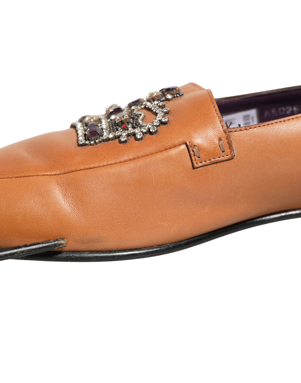 Brown Leather Crown Embellished Loafers Shoes