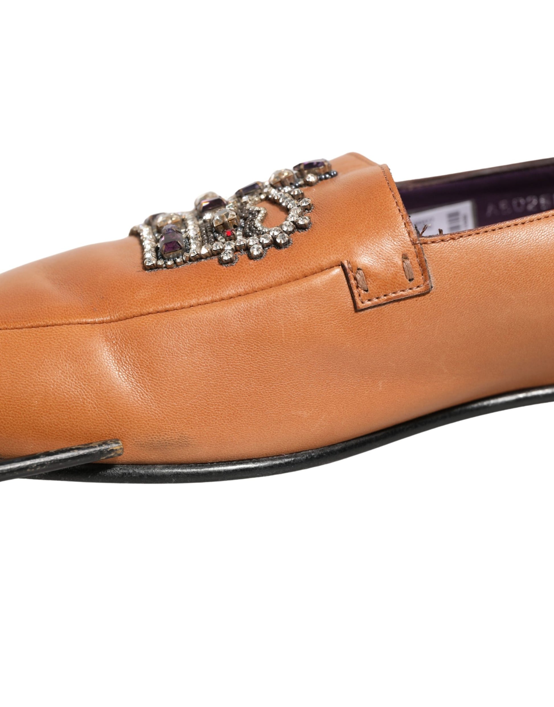 Brown Leather Crown Embellished Loafers Shoes