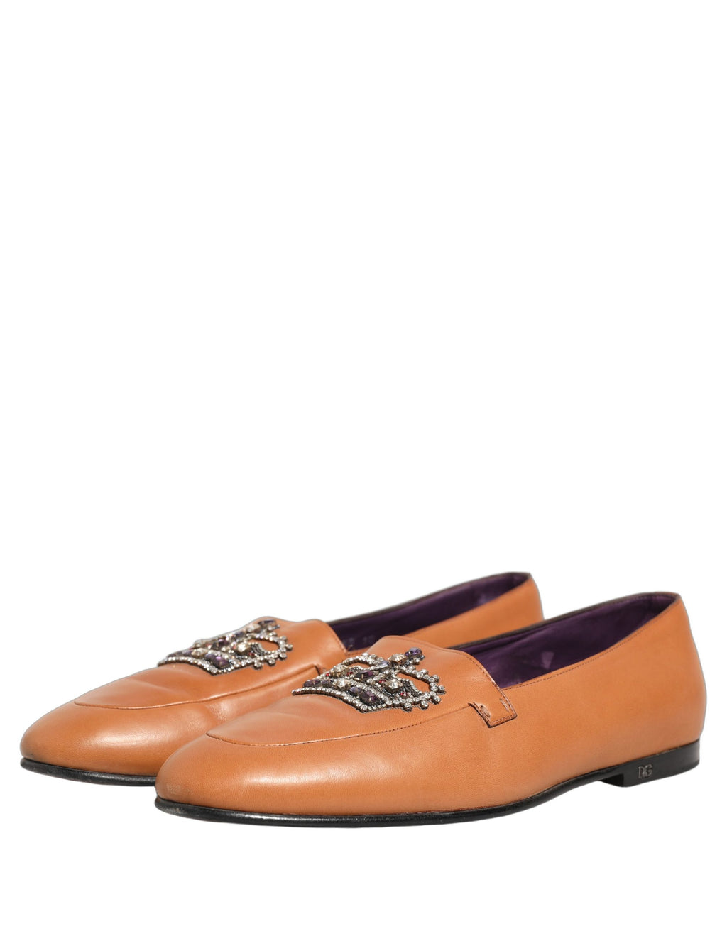 Brown Leather Crown Embellished Loafers Shoes