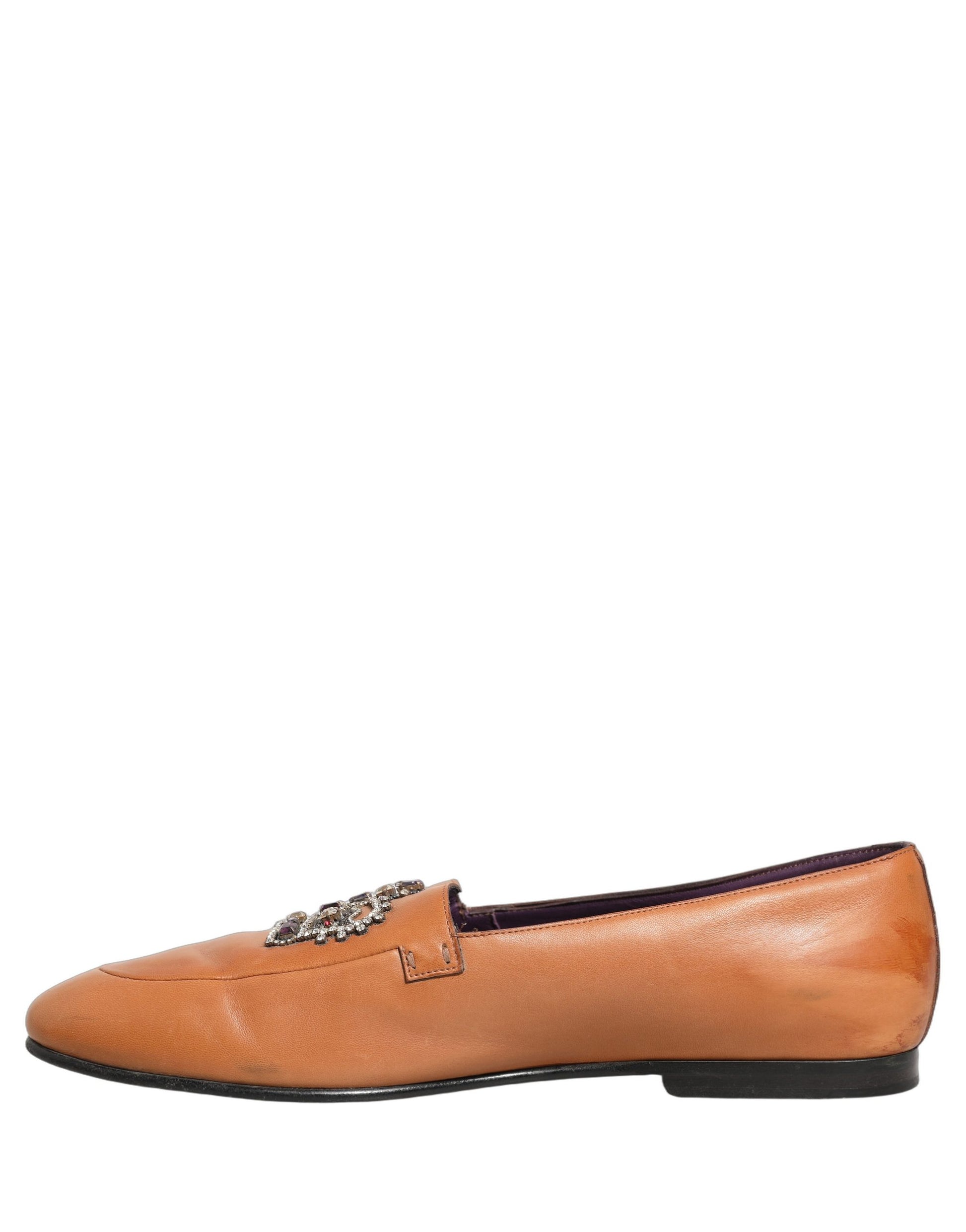 Brown Leather Crown Embellished Loafers Shoes