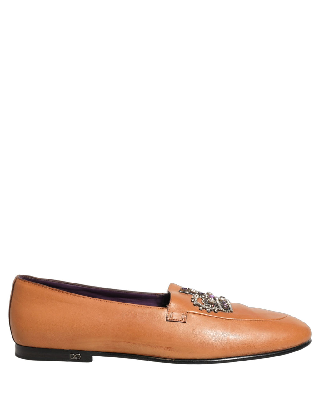 Brown Leather Crown Embellished Loafers Shoes