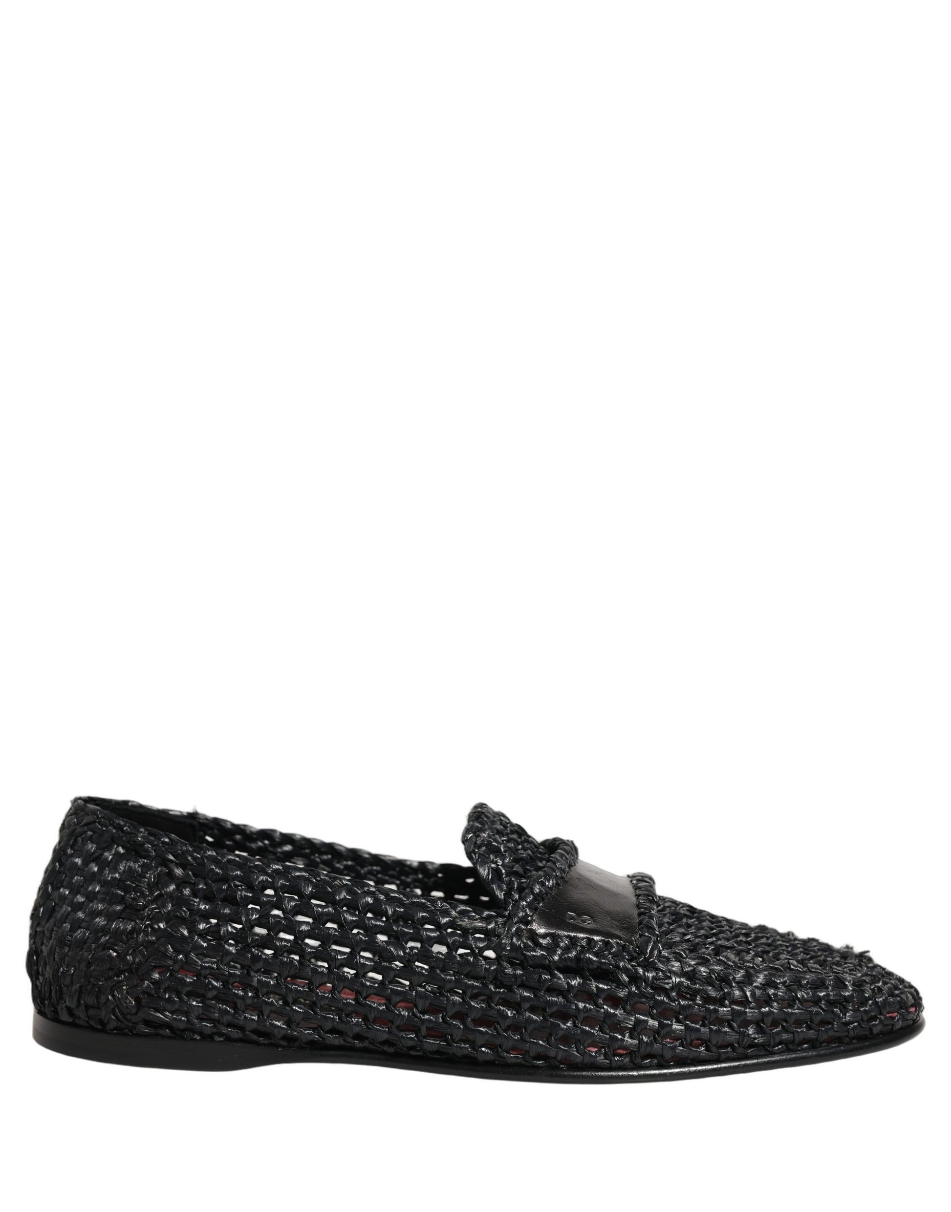 Black Woven Raffia Slip On Loafers Shoes