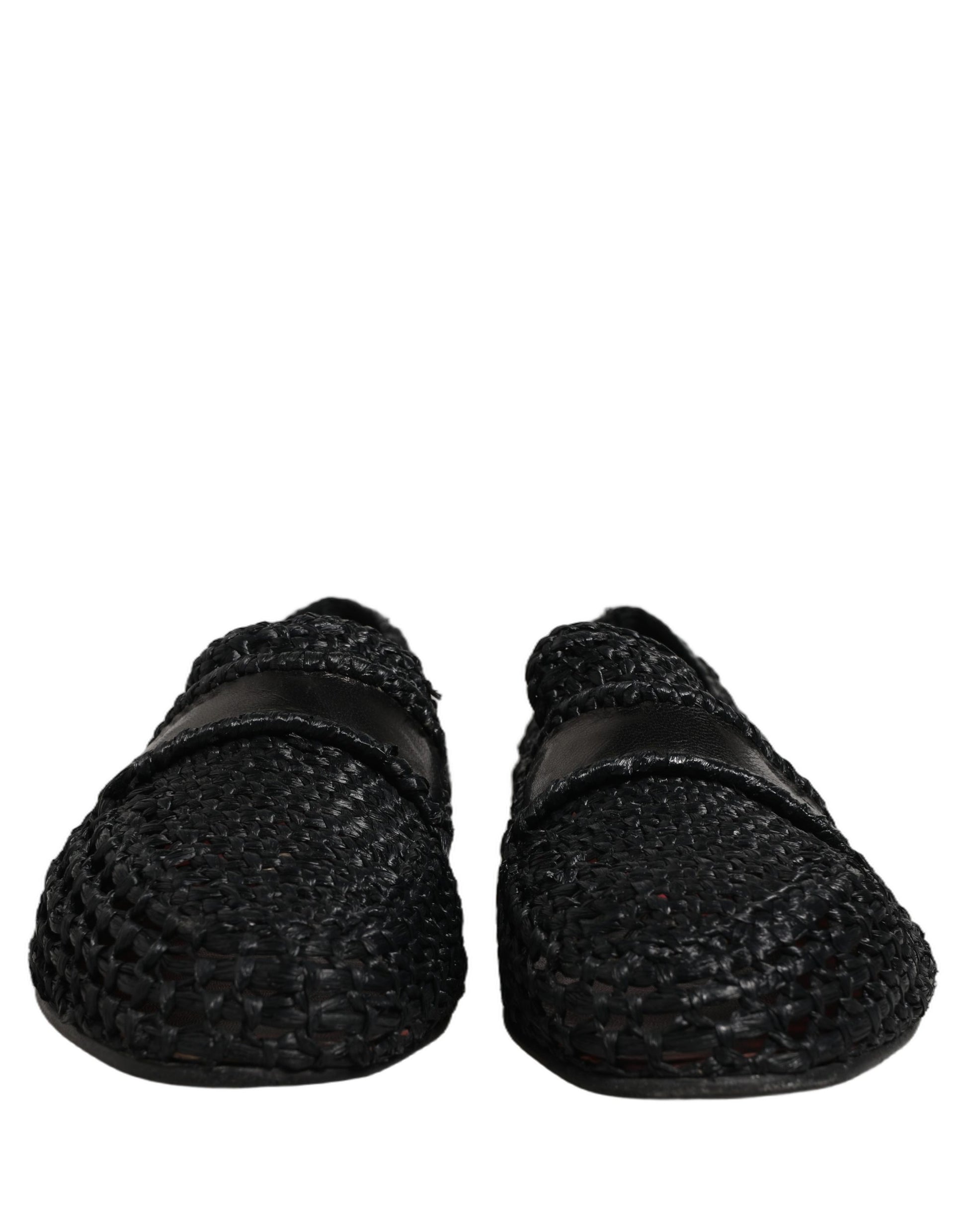 Black Woven Leather Slip On Loafers Men Shoes