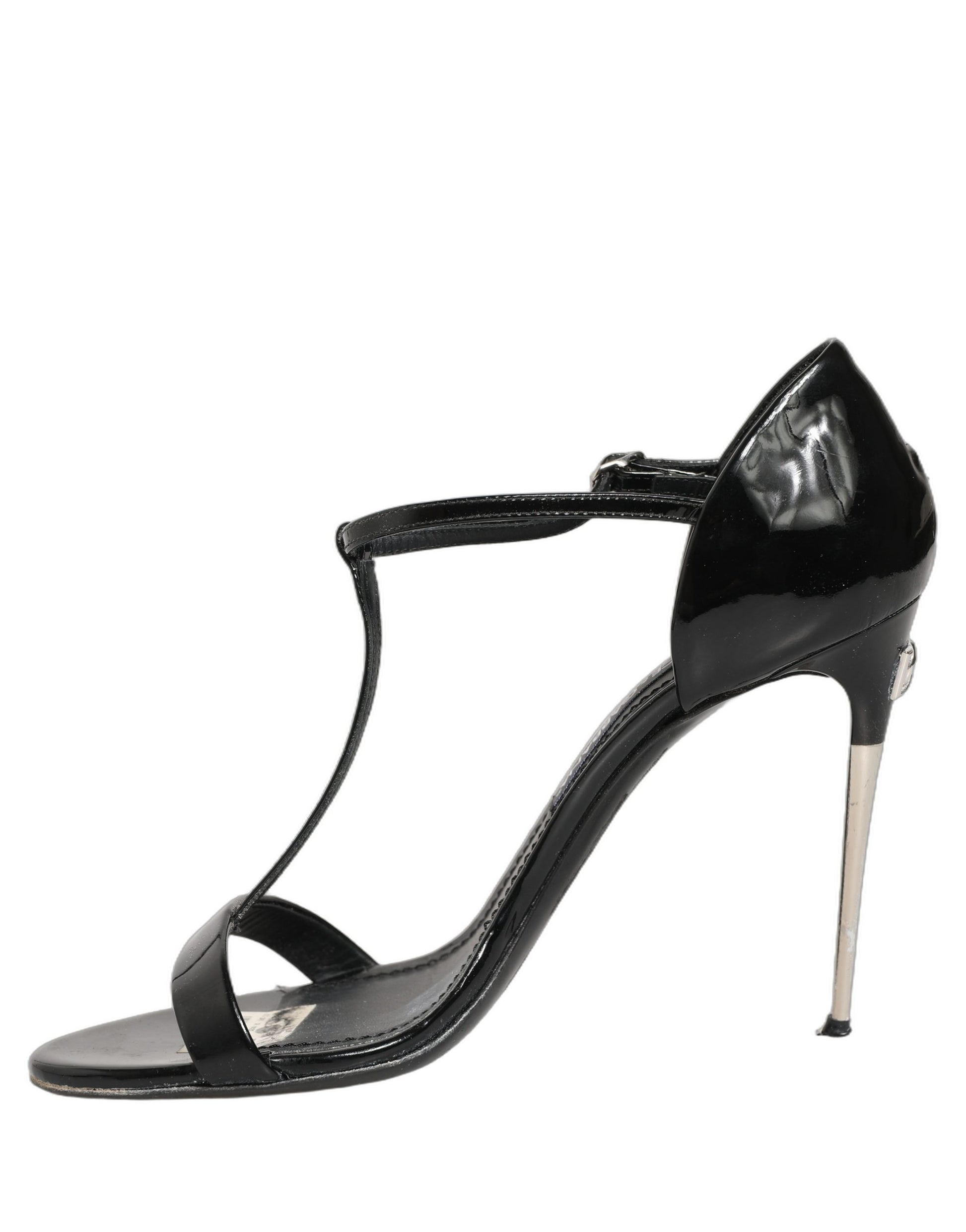 Black Leather T-strap Heels Sandals Shoes