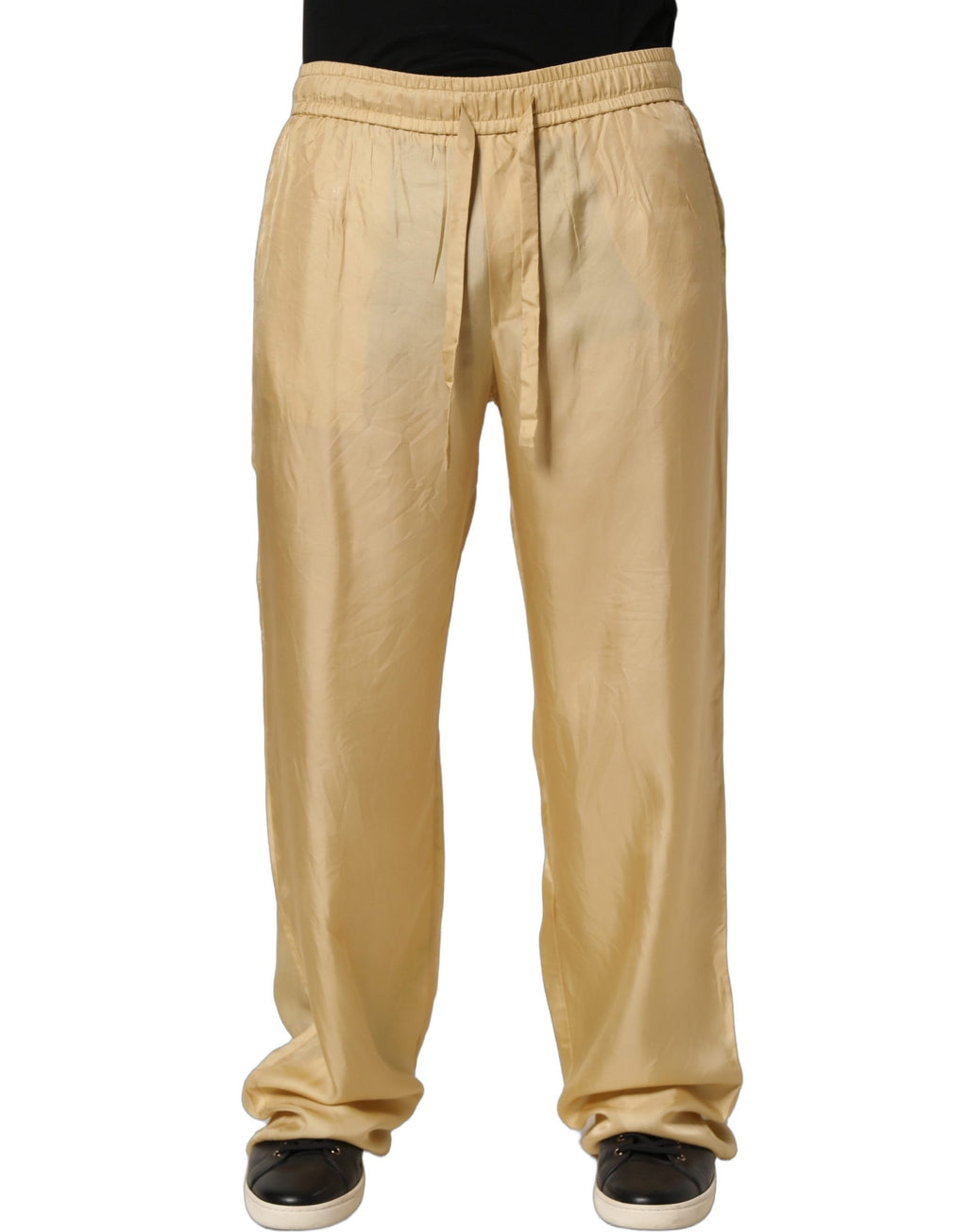 Yellow Straight Silk Mid Waist Chino Trouser Pants