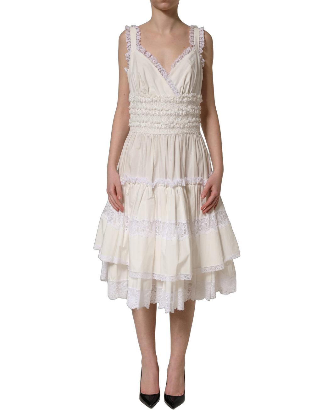 White Cotton Poplin Ruffled Midi Dress