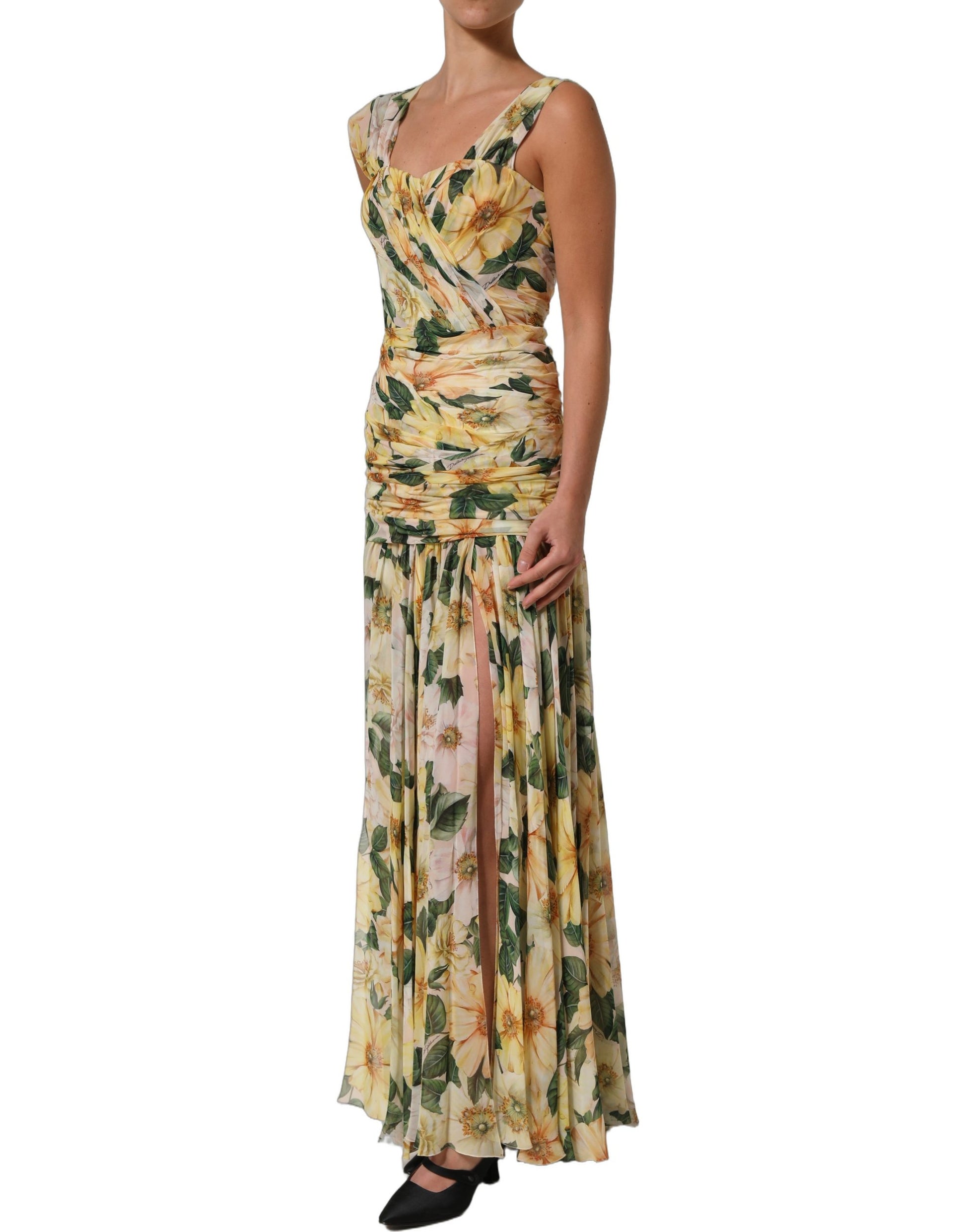 Yellow Floral Print Silk Pleated Maxi Dress