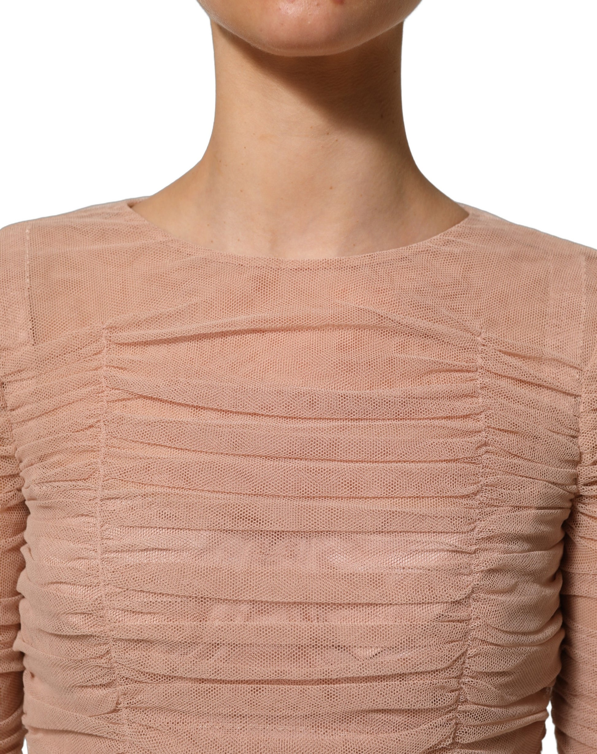 Beige Cotton Mesh Ruched Sheath Midi Dress