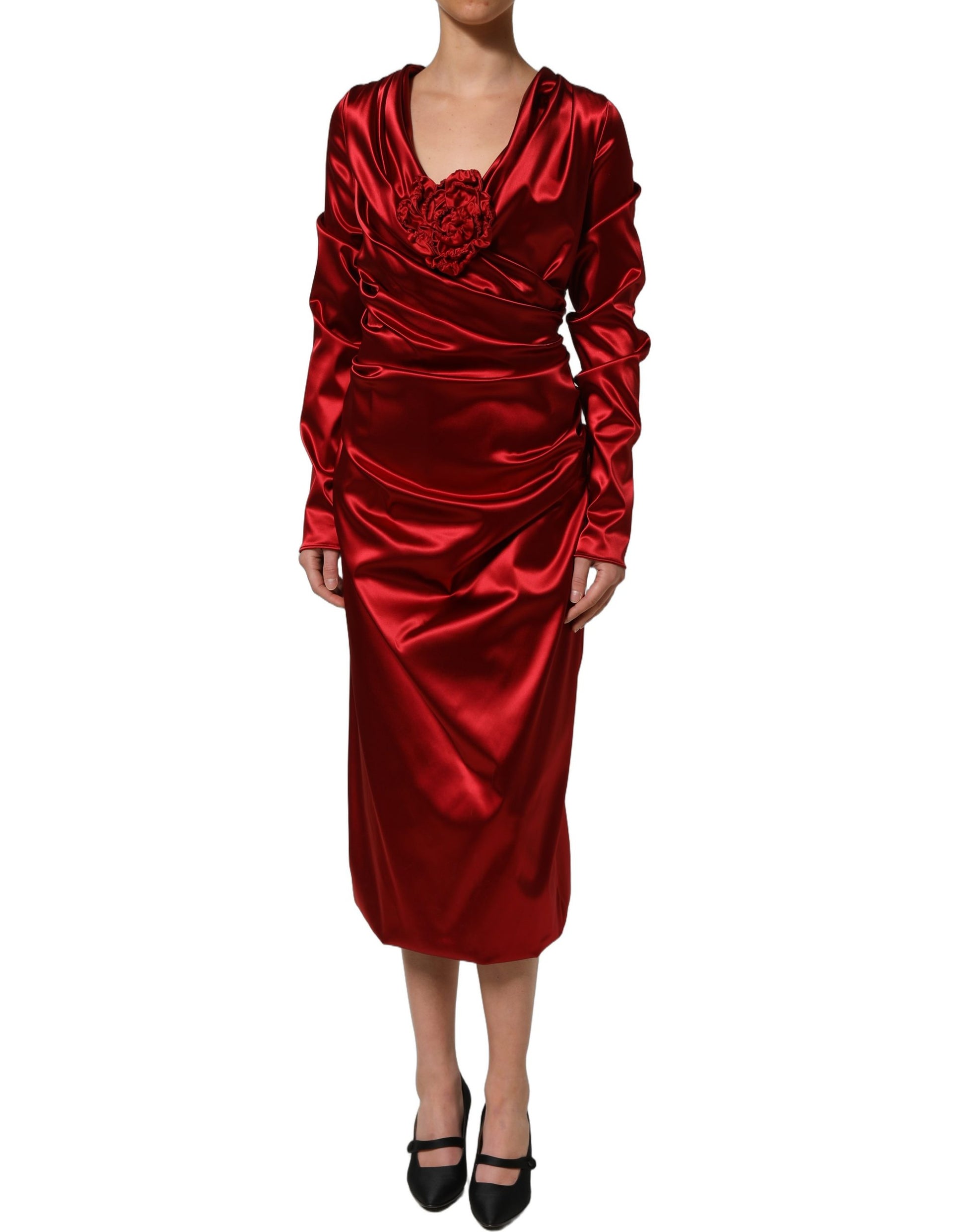Red Silk Satin Draped Midi Floral Applique Dress