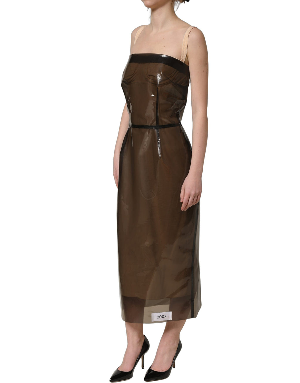 Brown Transparent Vinyl Sheath Midi Dress