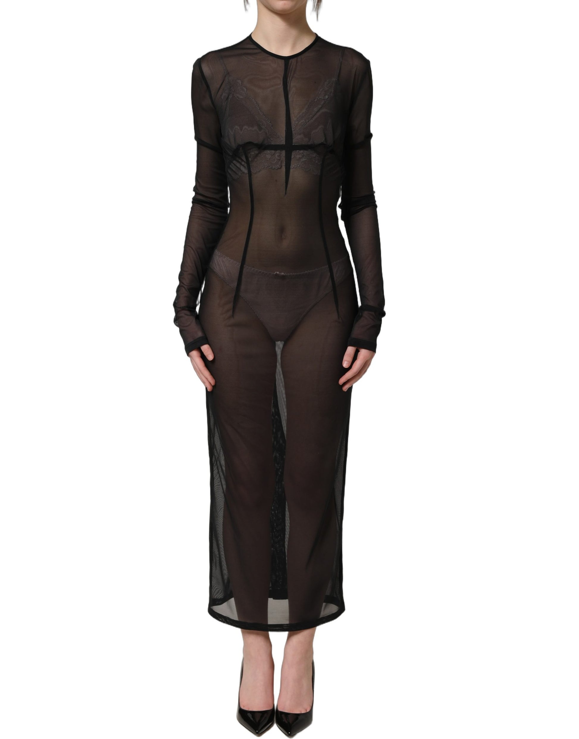 Black Long Sleeve Sheer Fitted Maxi Dress