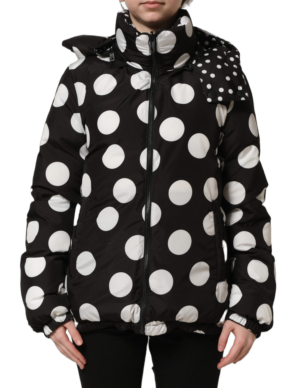 Black White Polka Dot Hooded Blouson Jacket