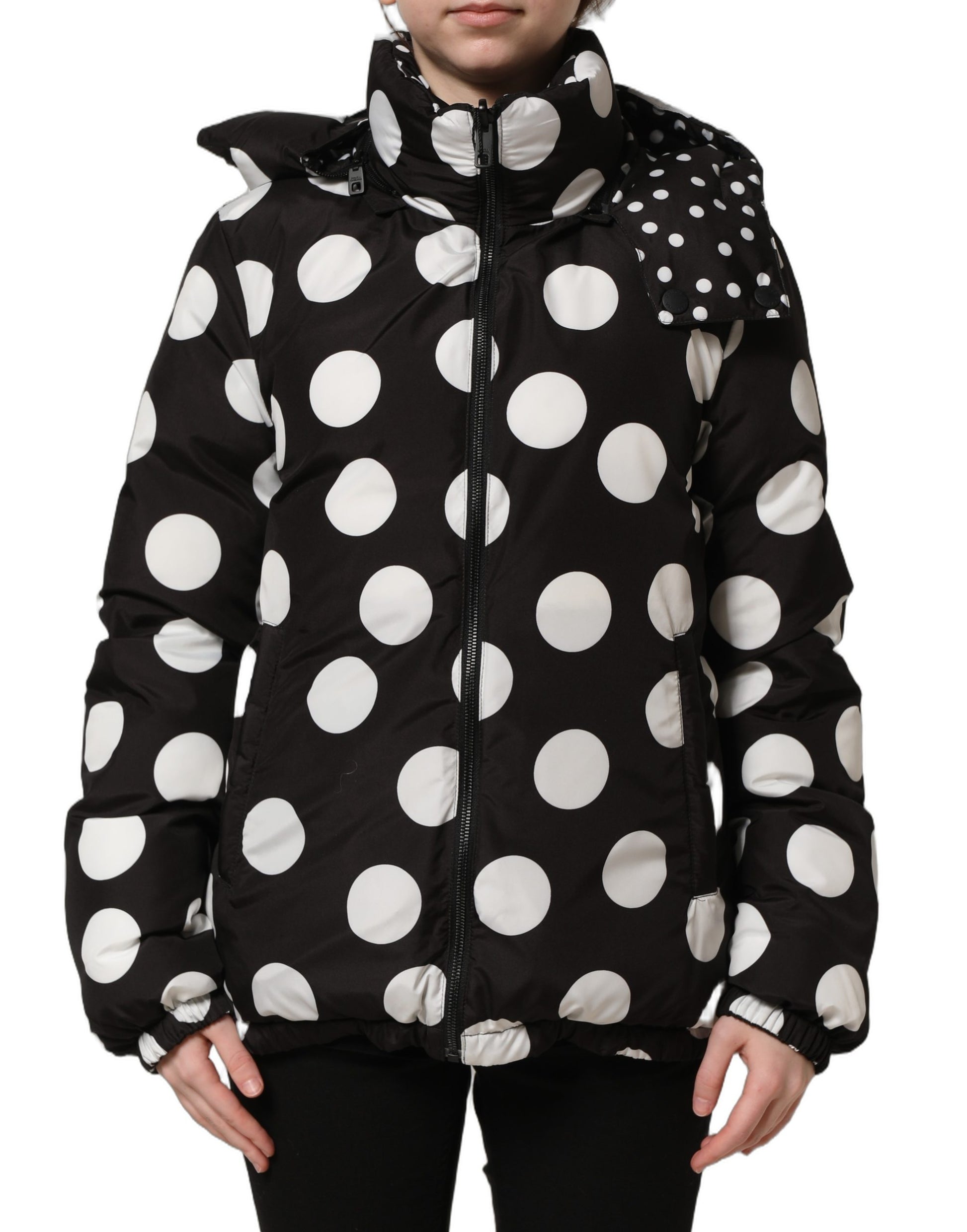 Black White Polka Dot Hooded Blouson Jacket