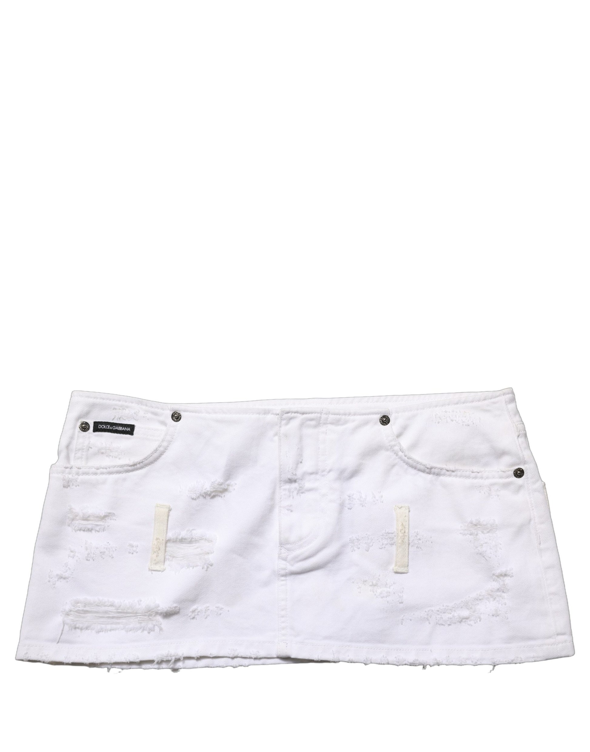 White Distressed Cotton Denim Mini Skirt