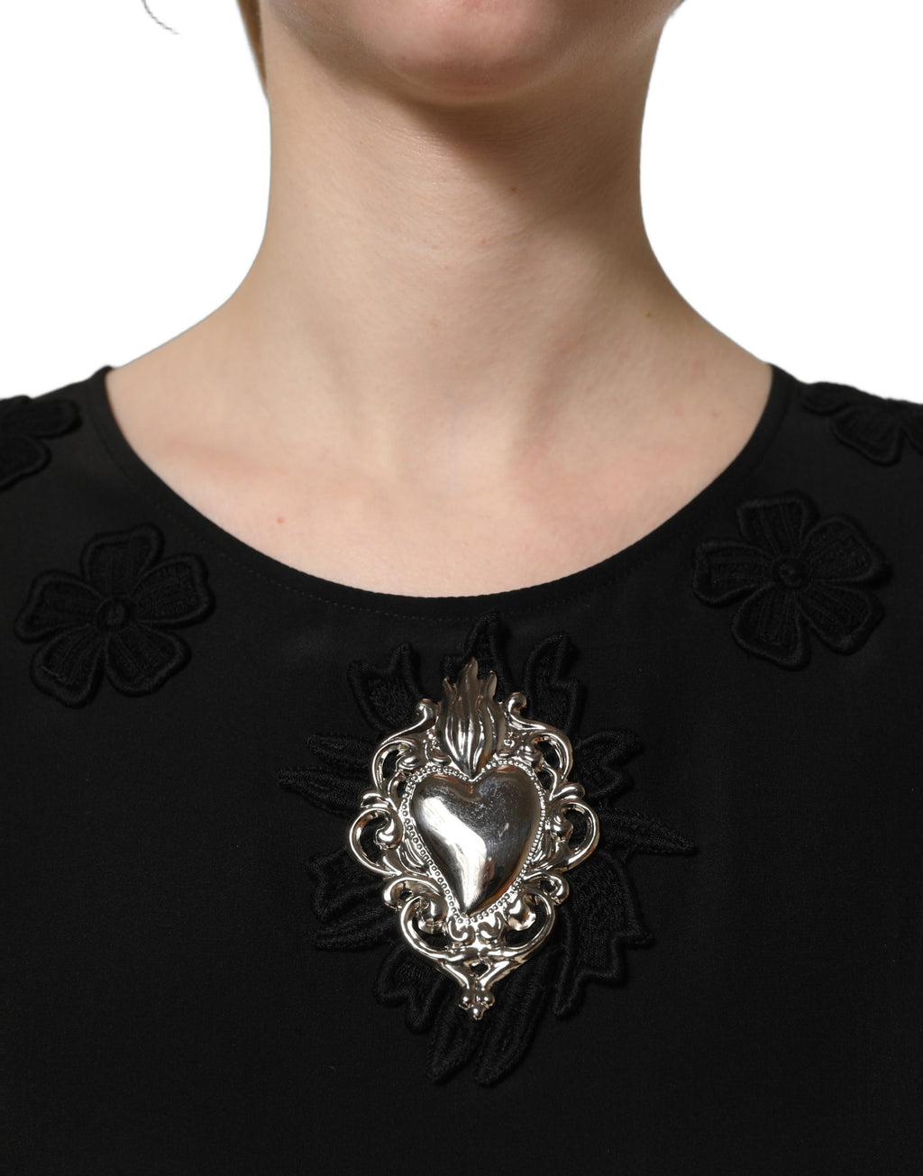 Black Floral Silk Heart Appliqué Blouse Top