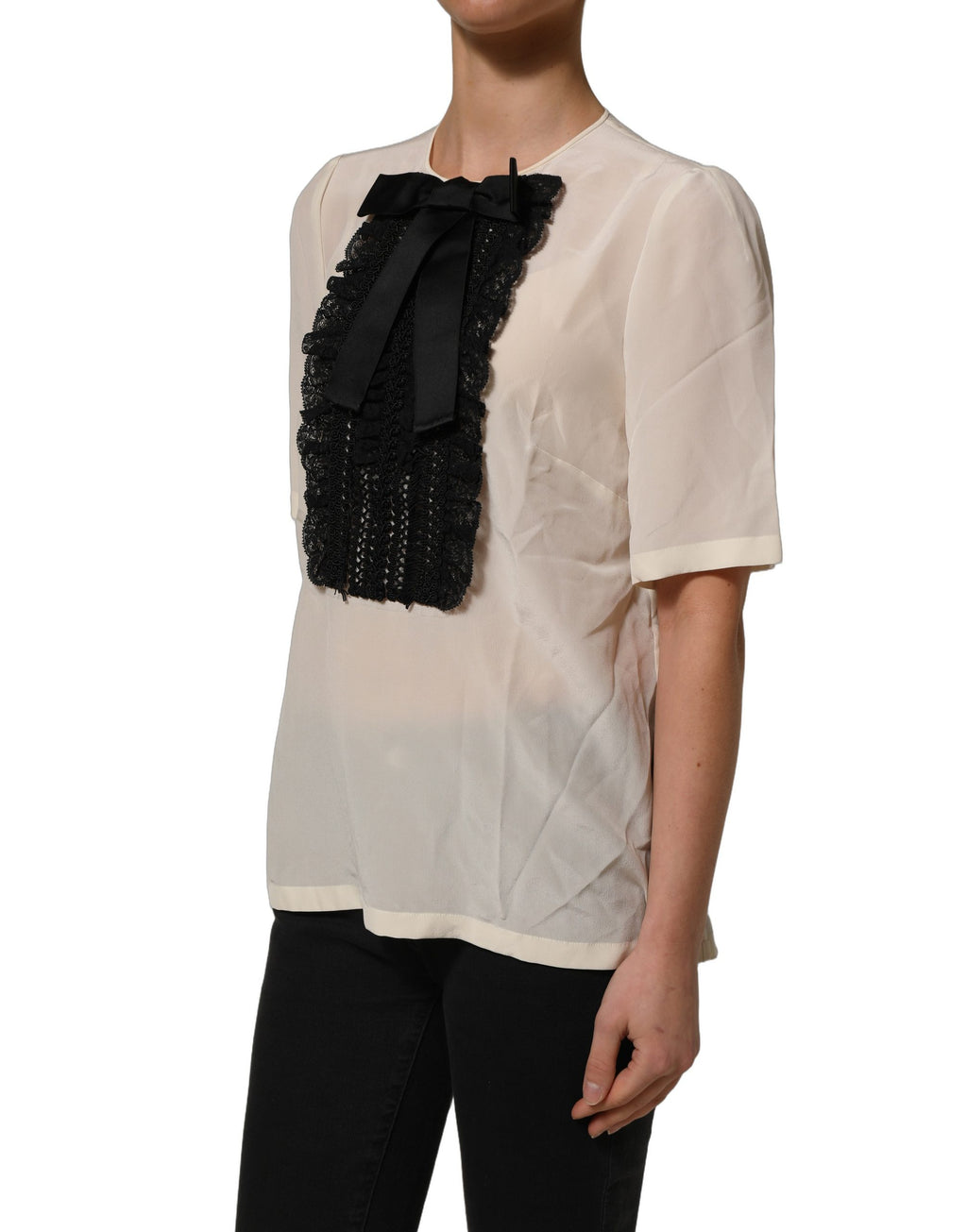 Beige Lace Trim Bow Short Sleeves Blouse Top
